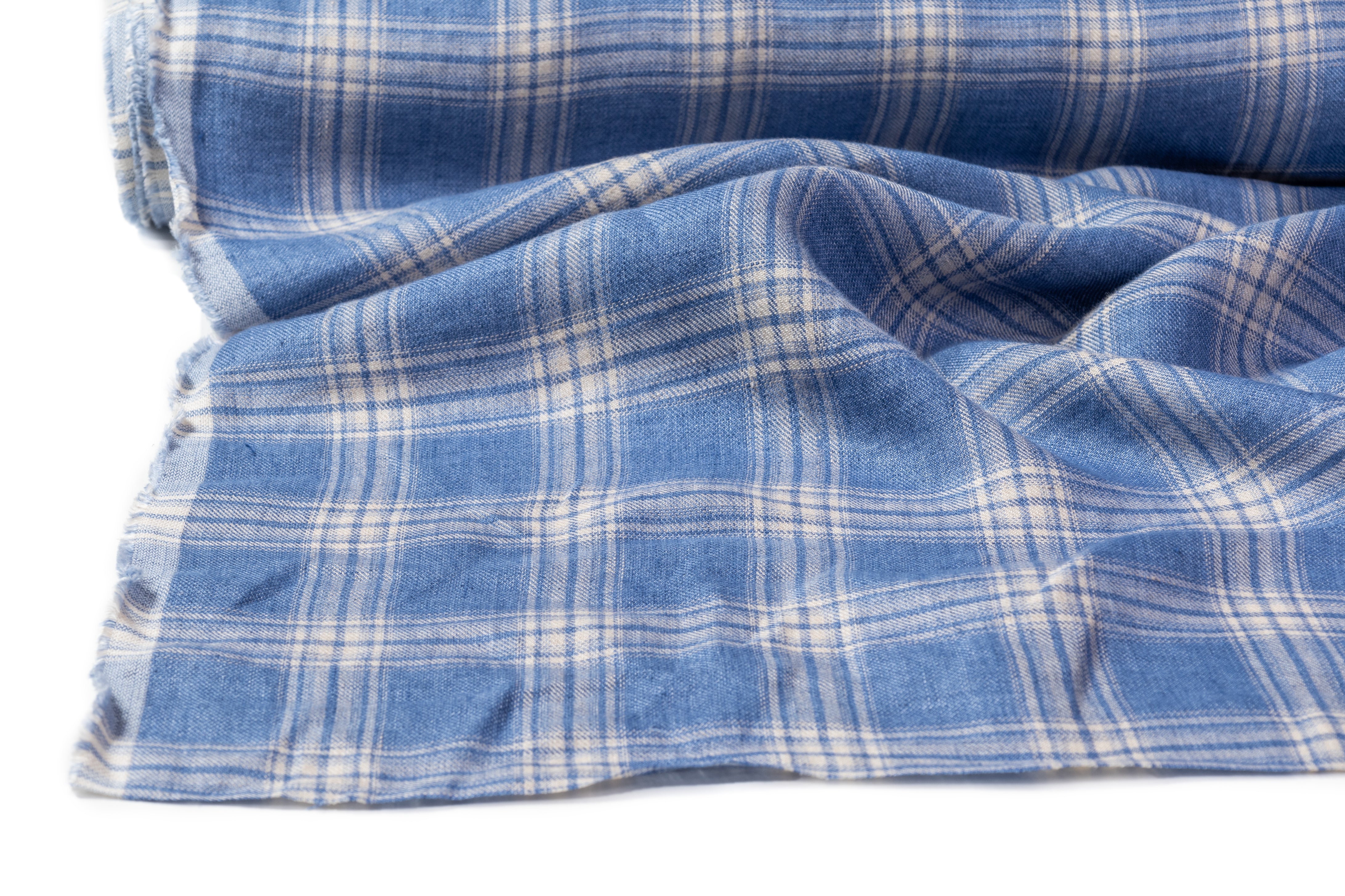 Checked Italian Pure Linen Suiting - Blue / White