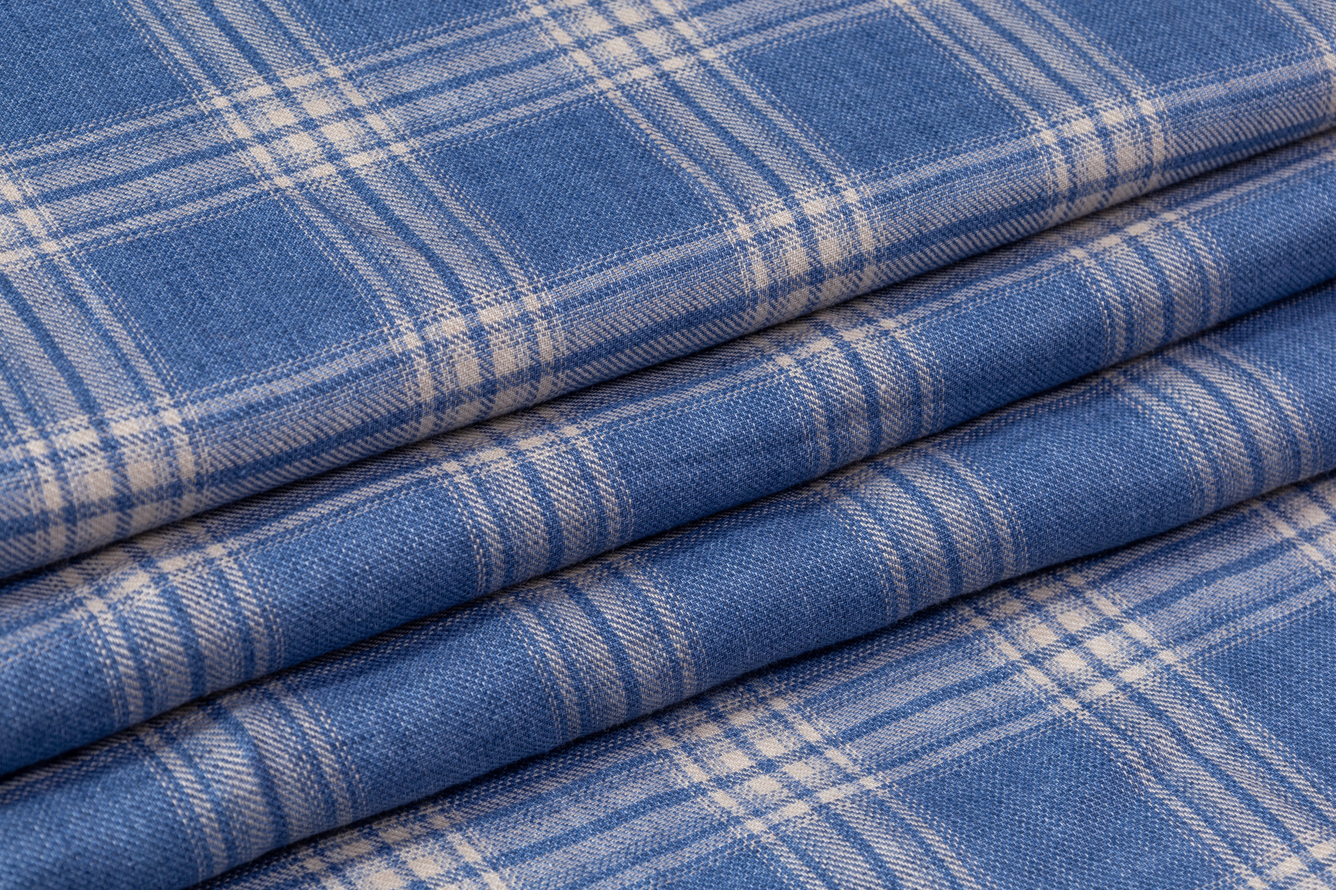 Checked Italian Pure Linen Suiting - Blue / White