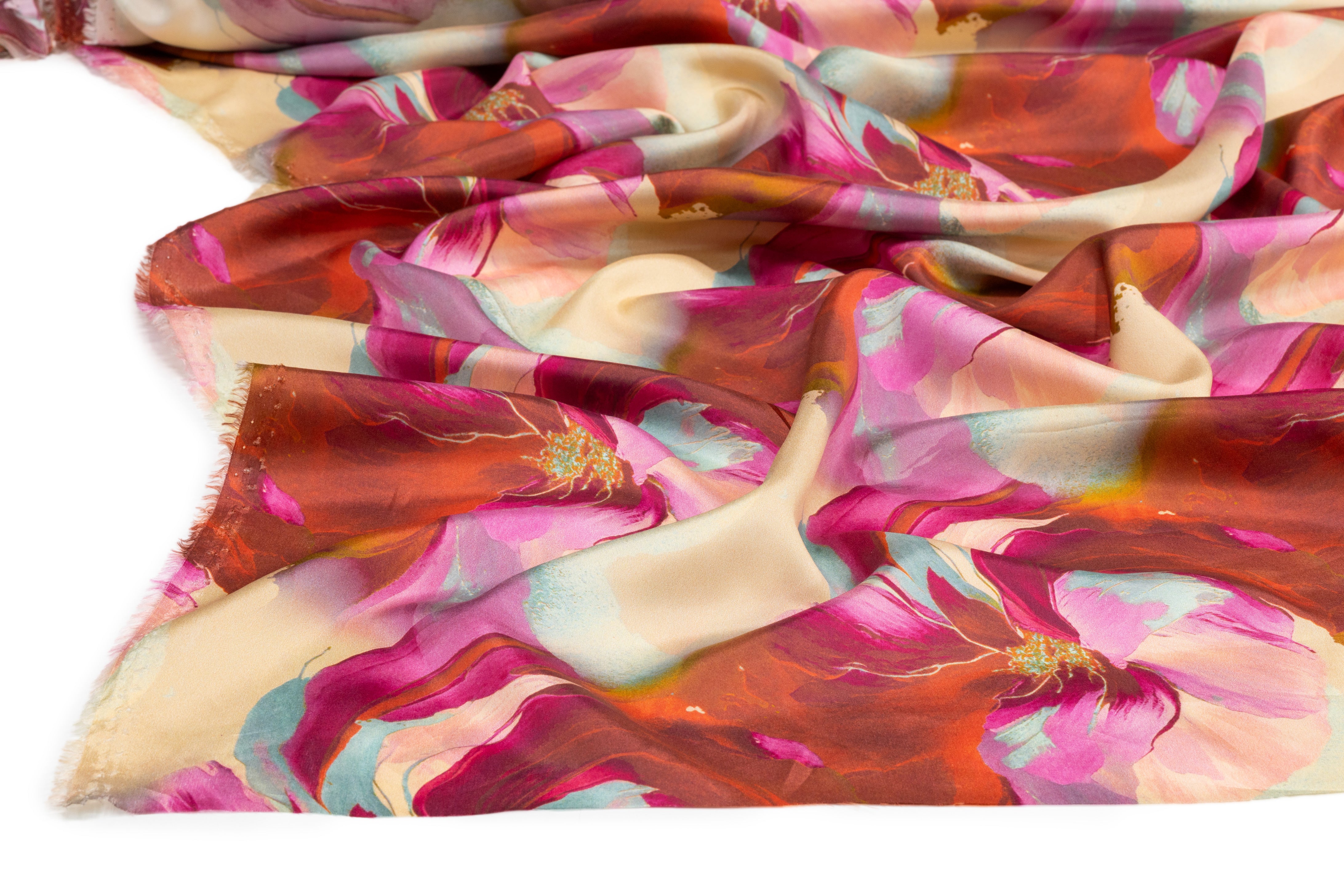 Watercolor Floral Italian Silk Charmeuse - Pink / Beige / Blue