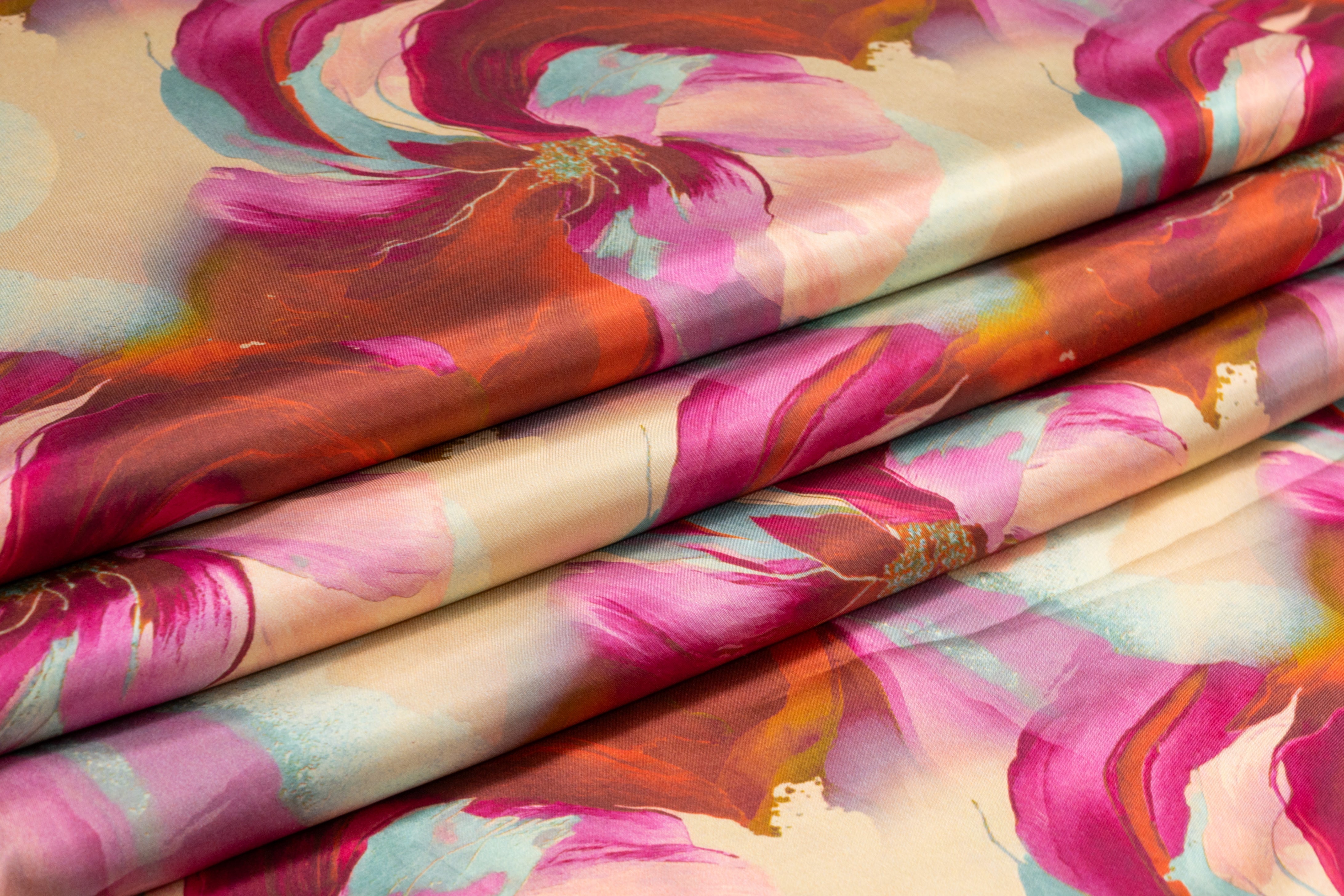 Watercolor Floral Italian Silk Charmeuse - Pink / Beige / Blue