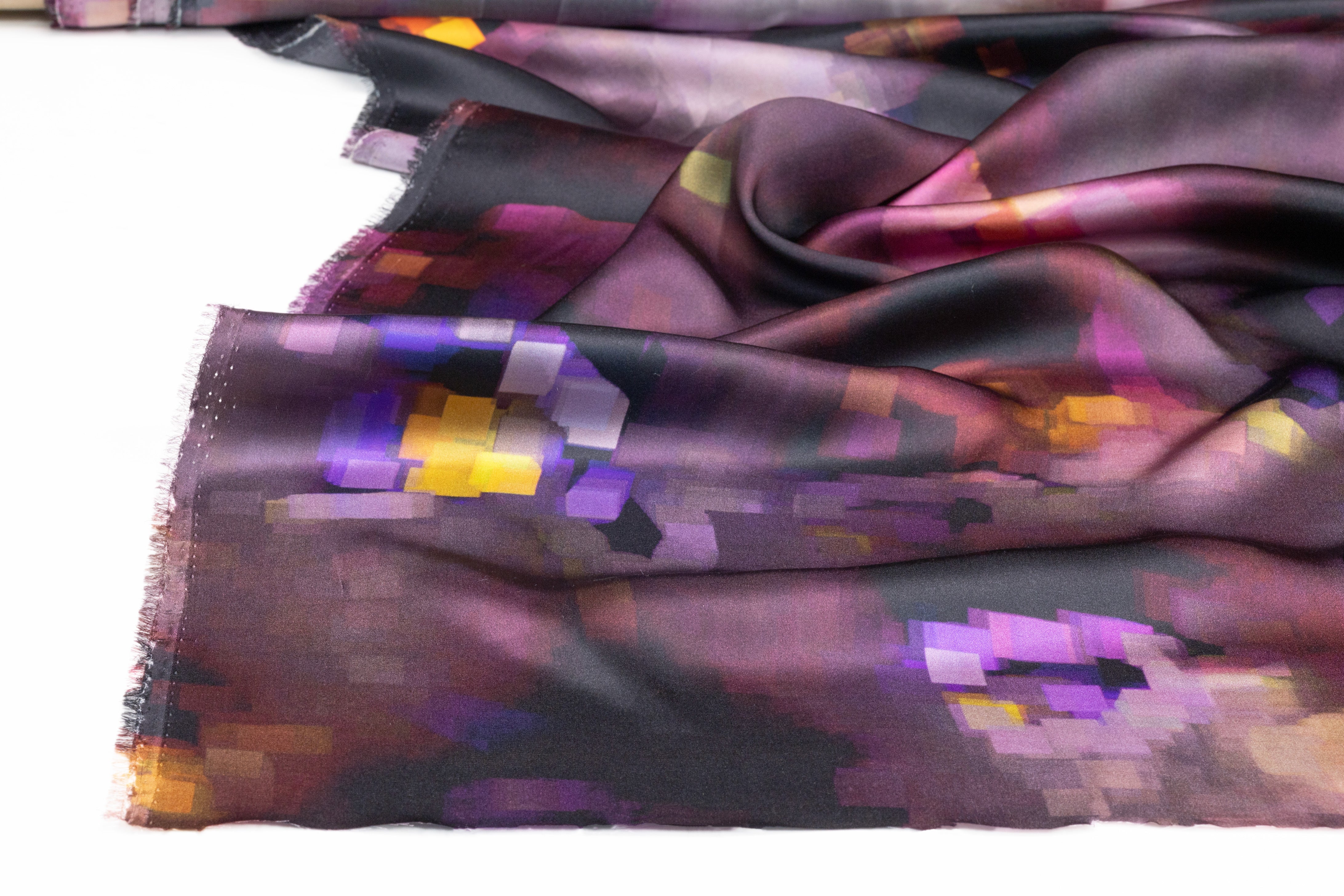 Abstract Pixelated Italian Silk Charmeuse - Purple / Pink