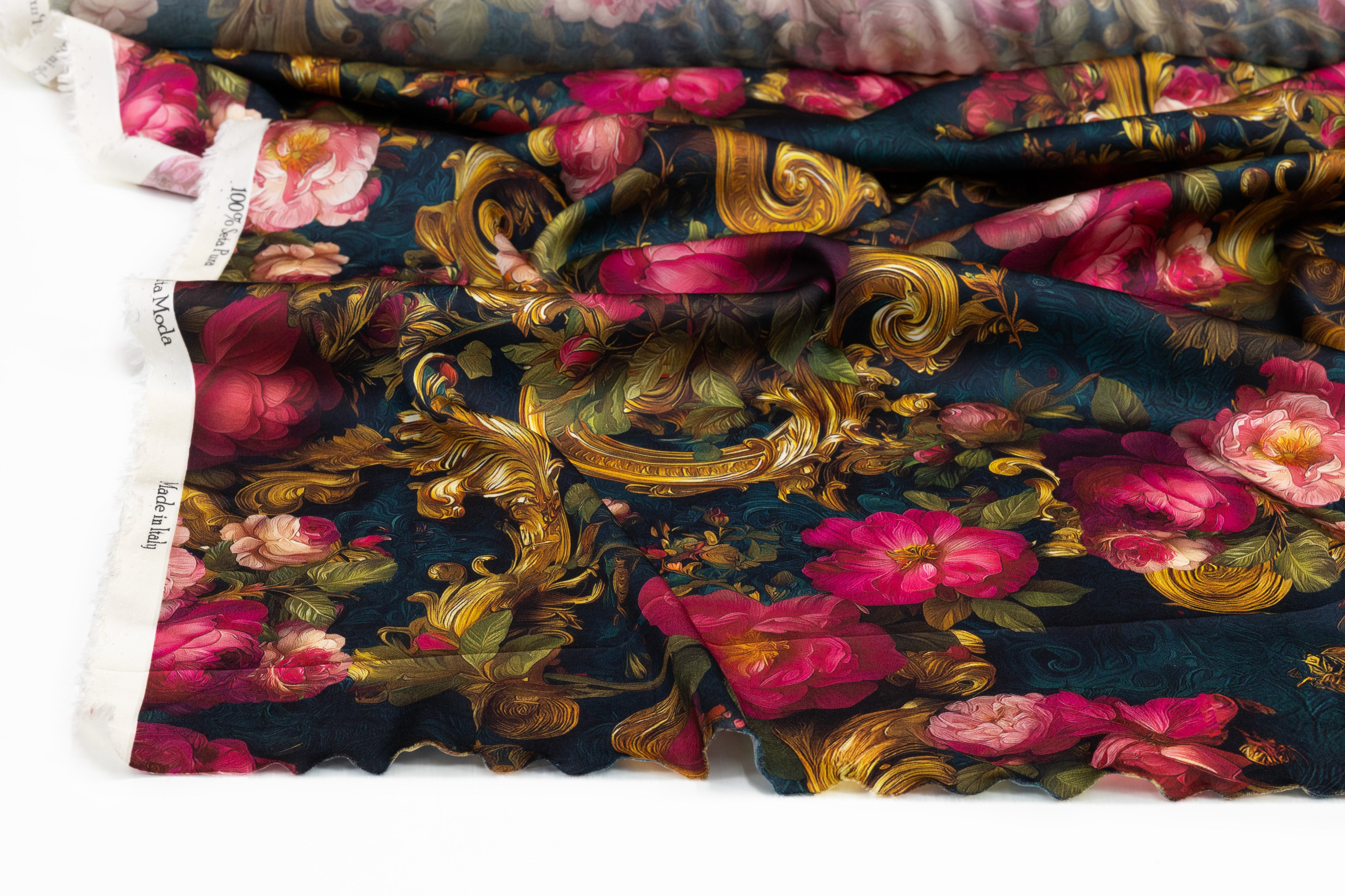 Baroque Floral Italian Silk Charmeuse - Teal / Pink / Gold