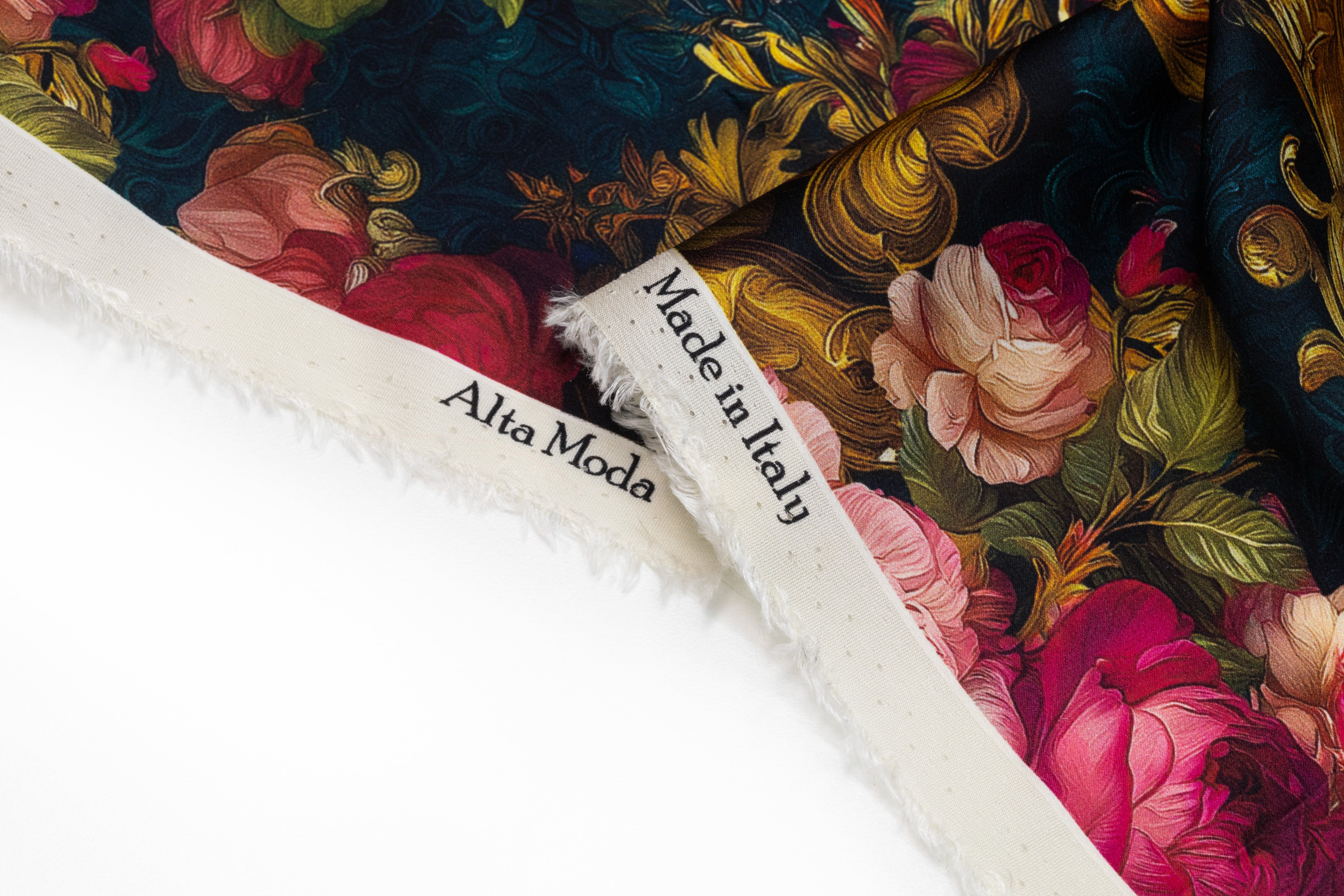 Baroque Floral Italian Silk Charmeuse - Teal / Pink / Gold