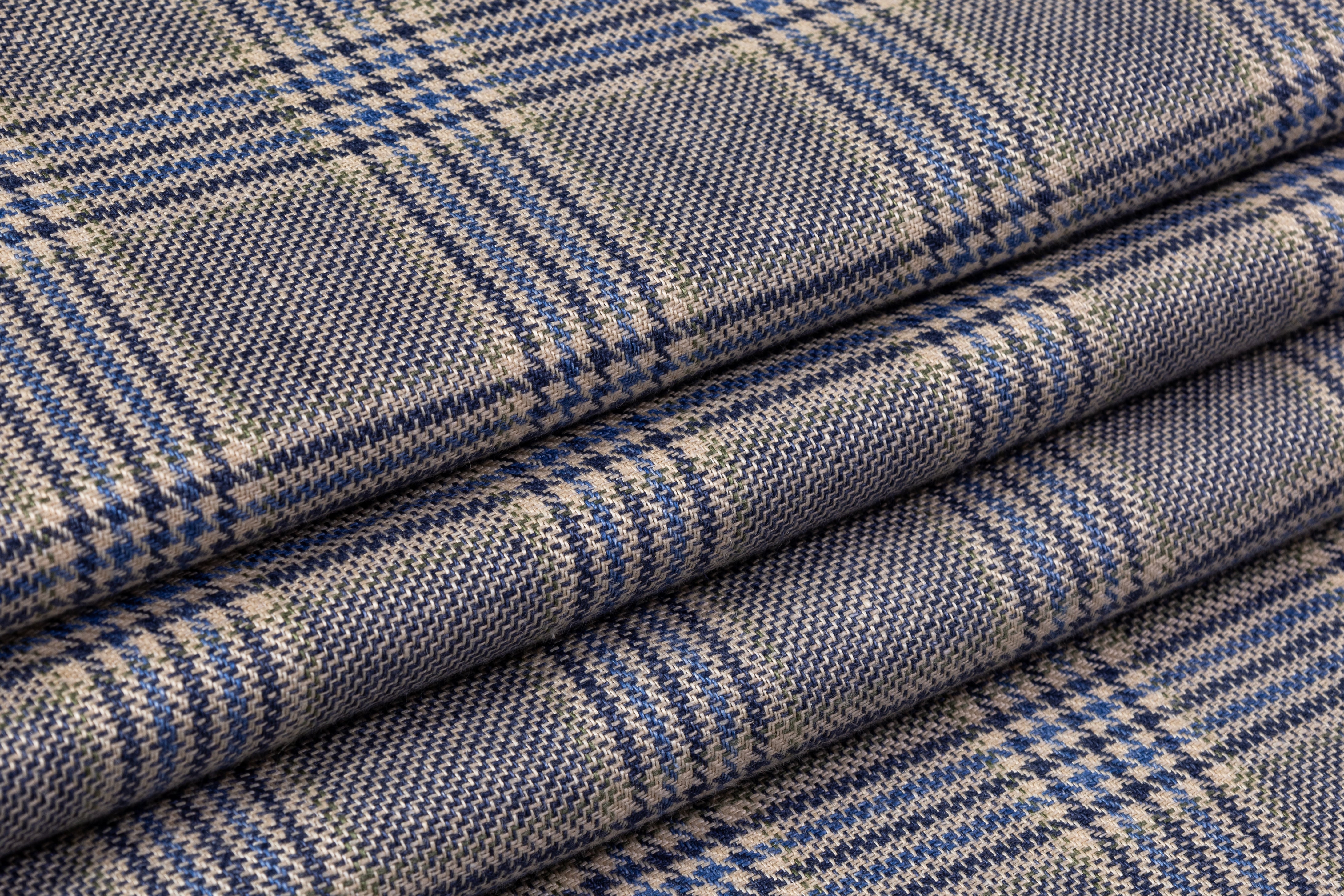 Checked Italian Pure Linen Suiting - Blue / Light Beige