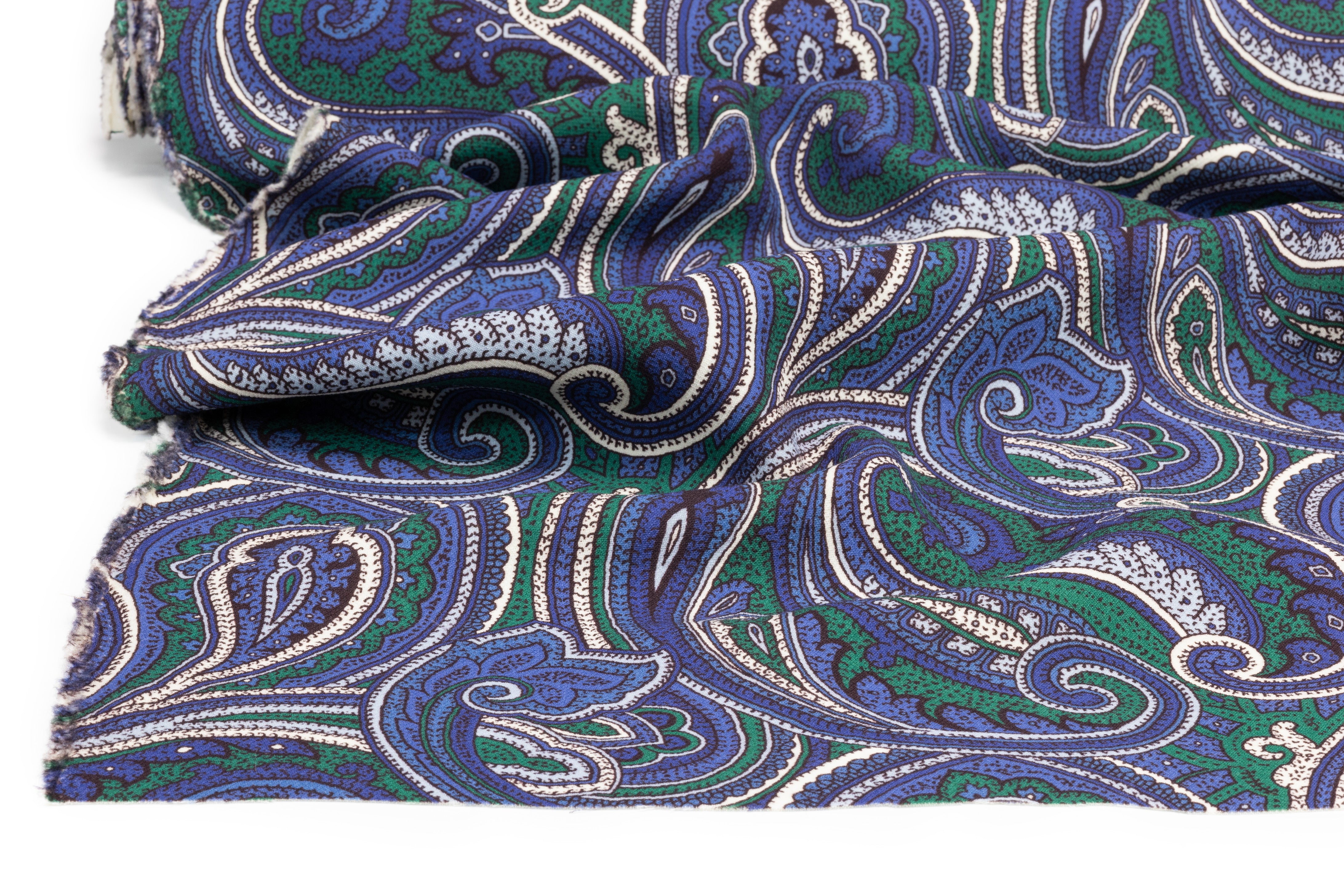 Paisley Printed Italian Wool Crepe - Blue / Green