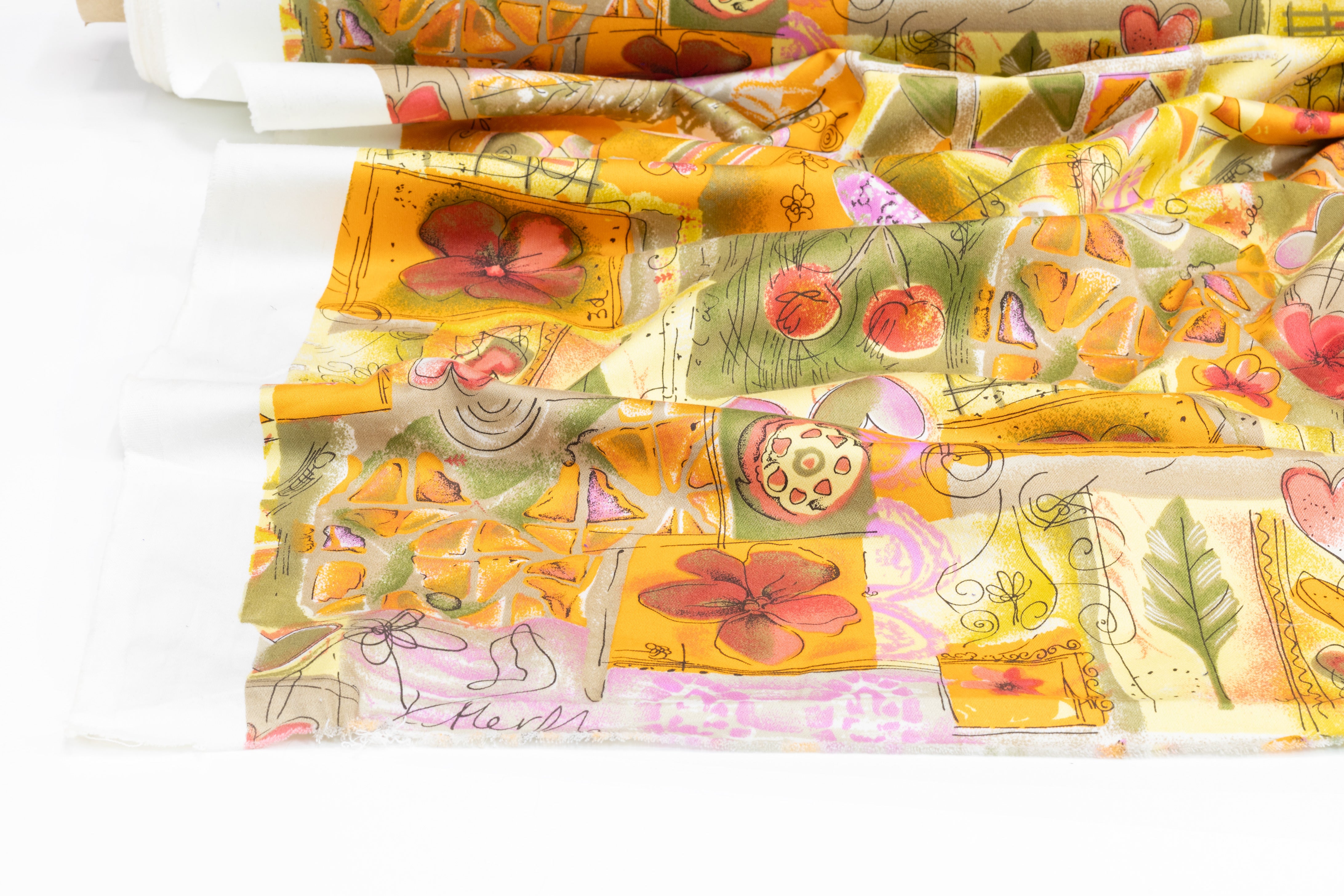 Floral Collage Japanese Cotton Twill - Orange / Khaki / Pink