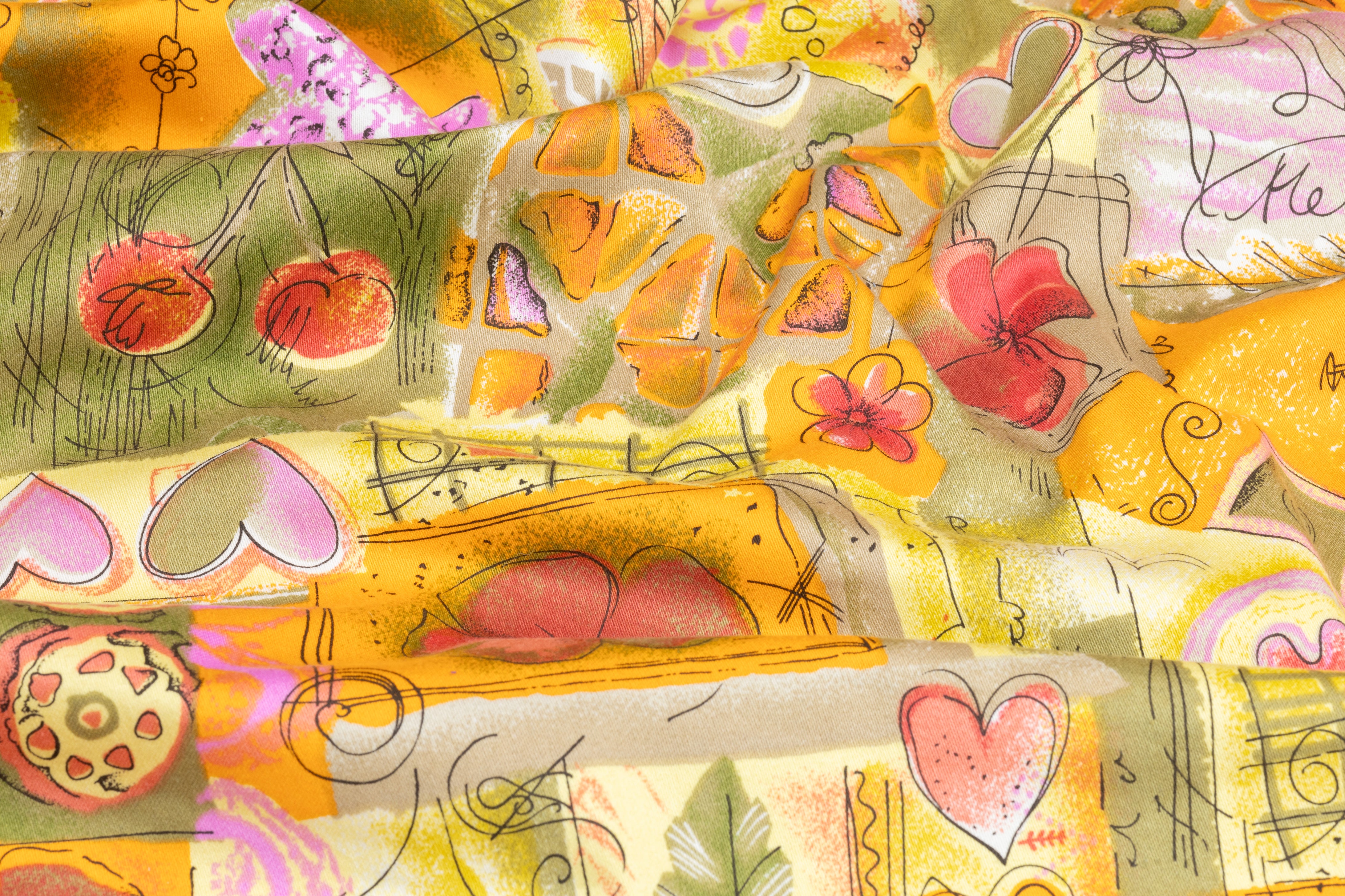 Floral Collage Japanese Cotton Twill - Orange / Khaki / Pink