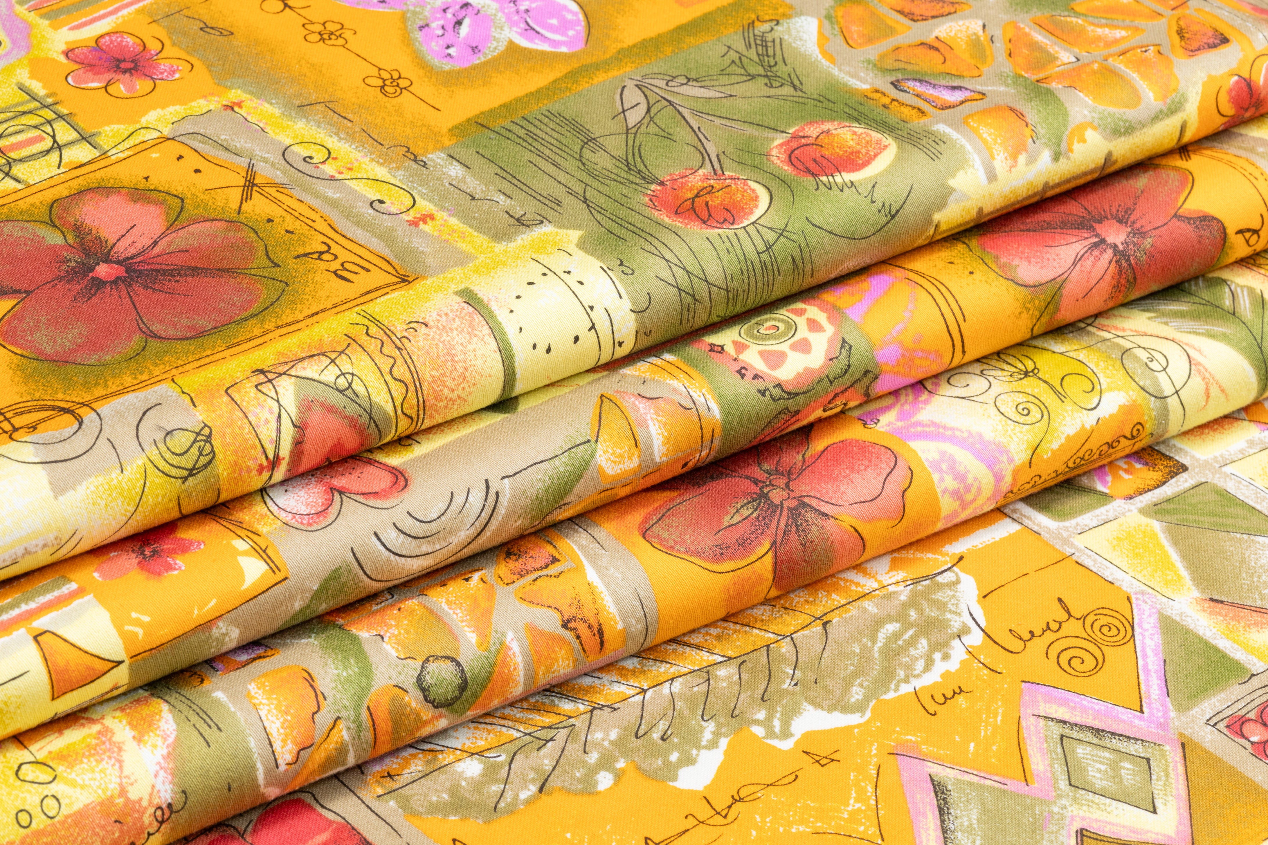 Floral Collage Japanese Cotton Twill - Orange / Khaki / Pink