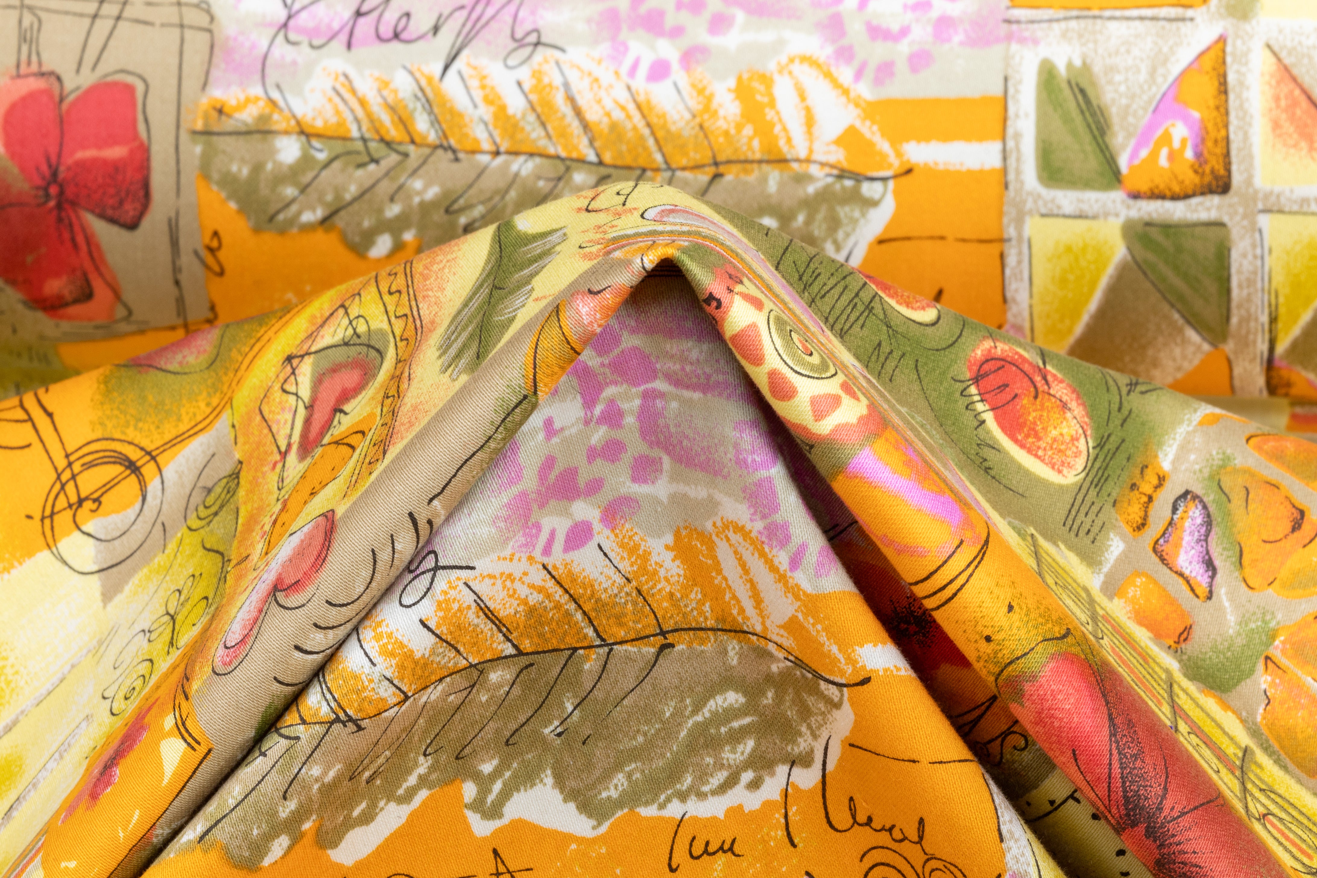 Floral Collage Japanese Cotton Twill - Orange / Khaki / Pink