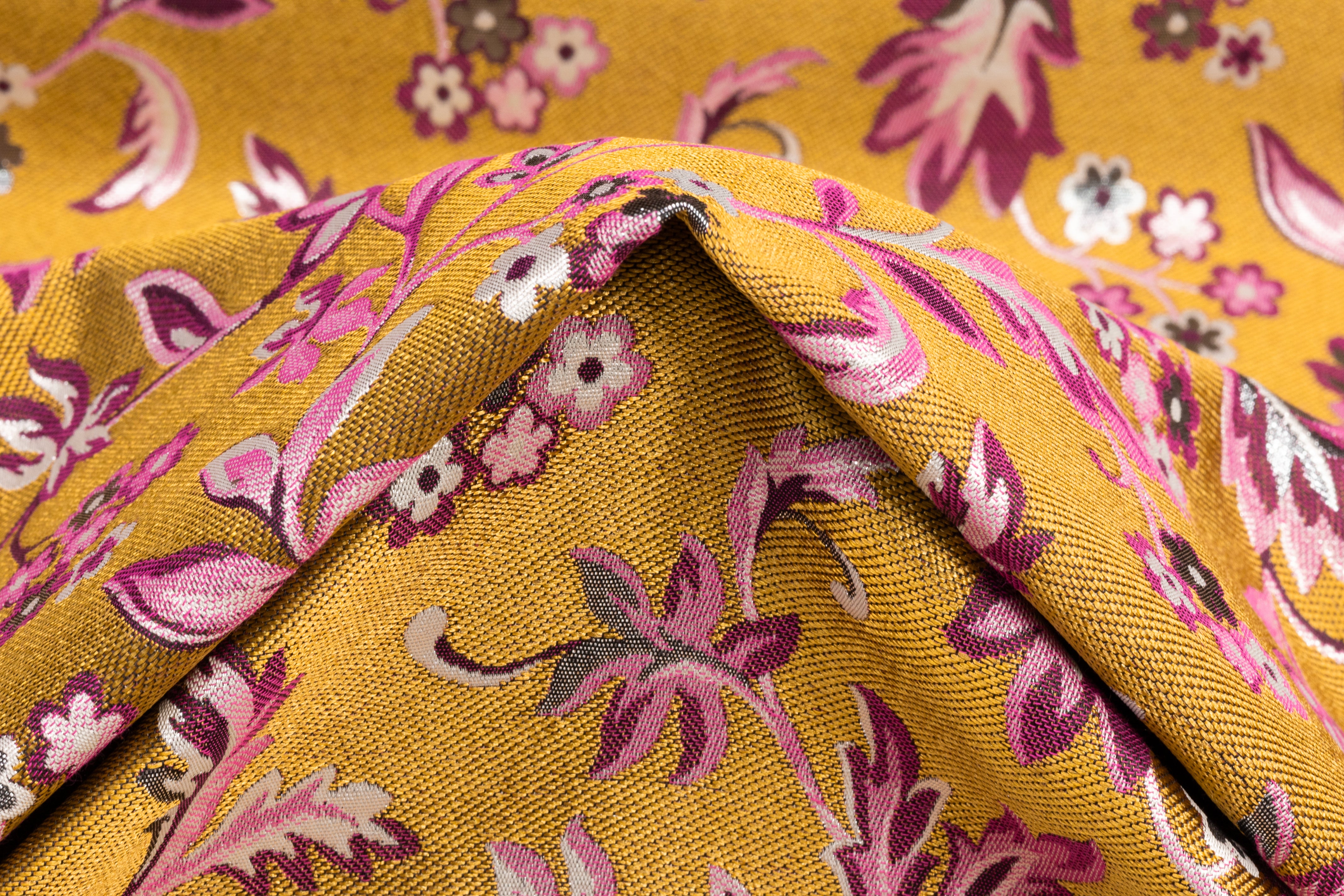 Floral Metallic Brocade - Antique Gold / Fuchsia
