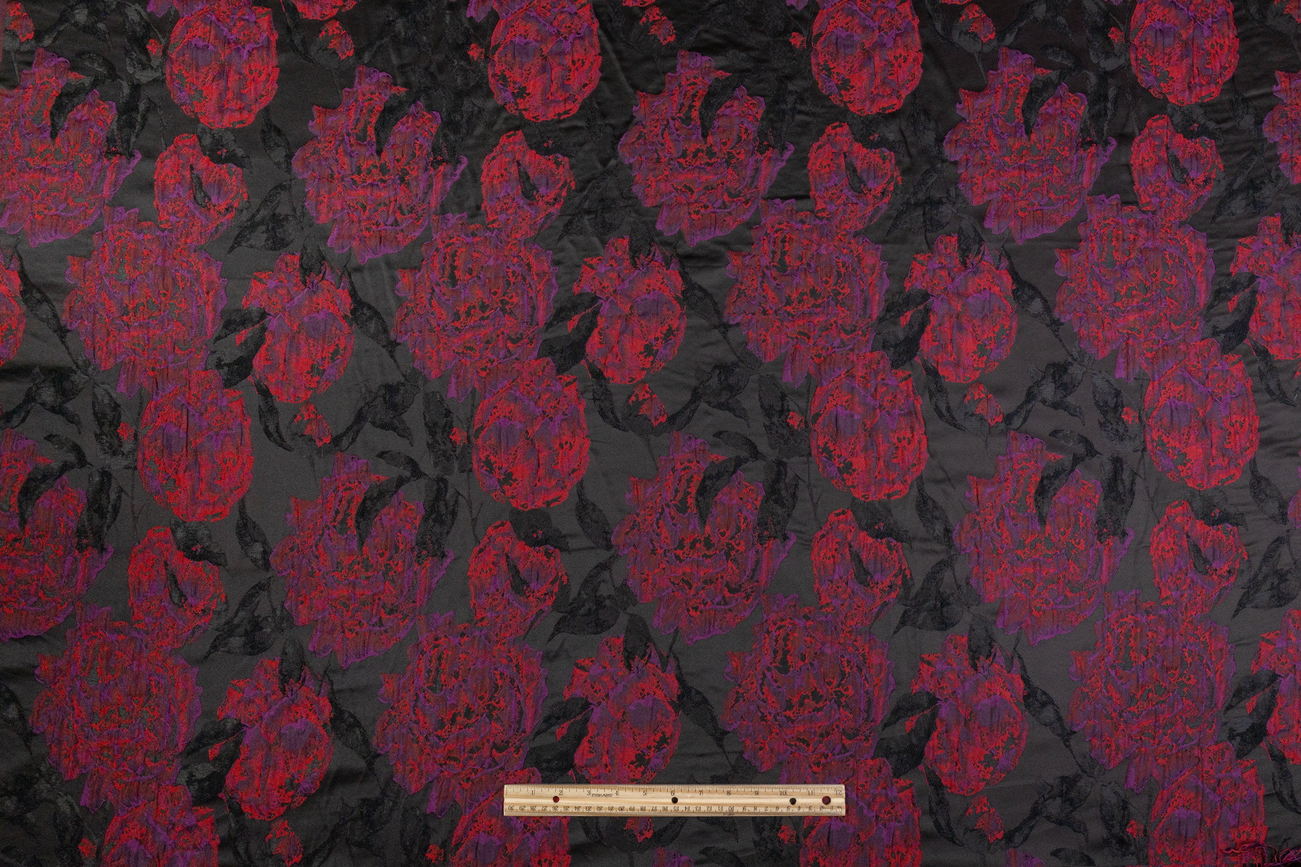 Crushed Floral Brocade - Black / Purple / Red