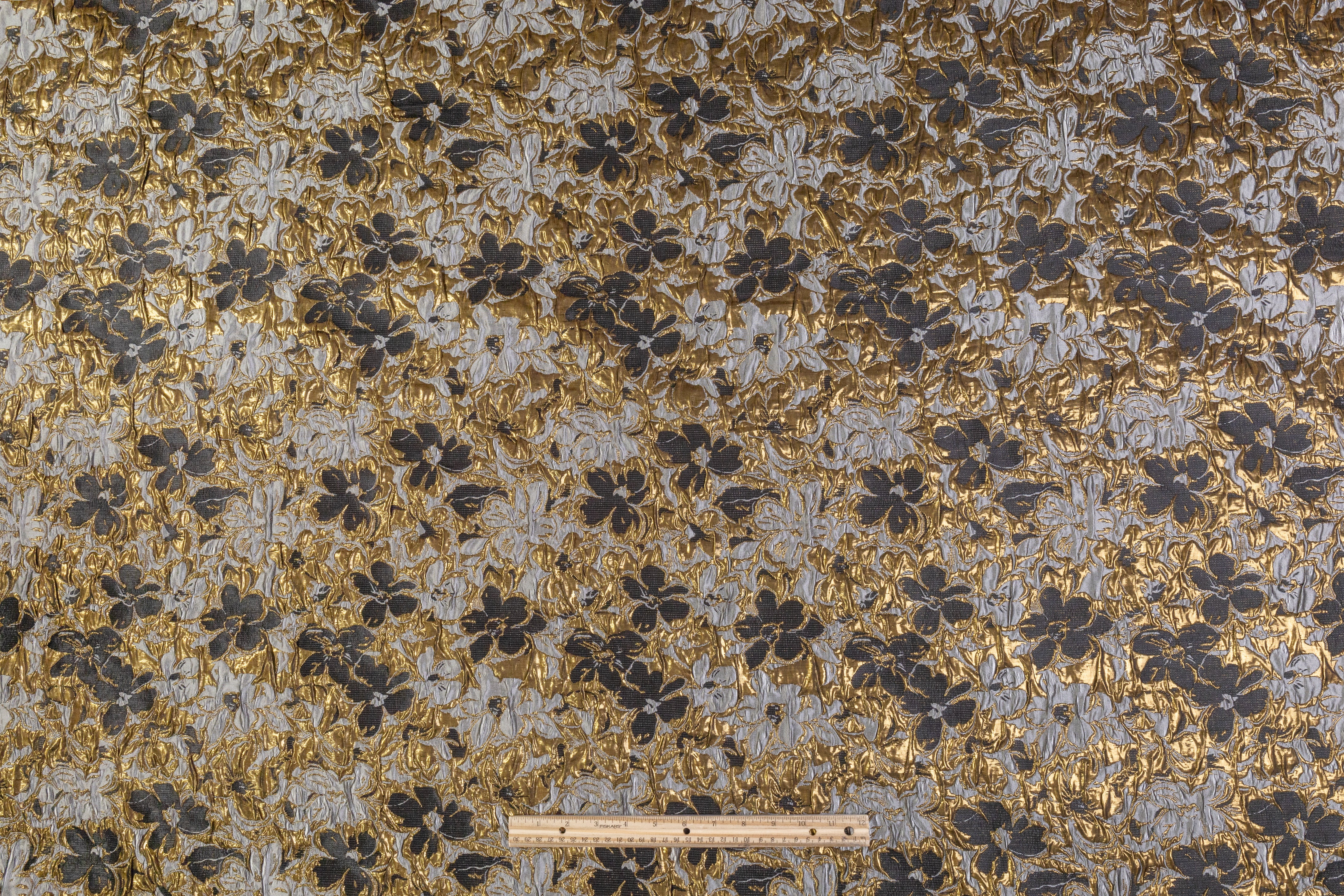 Floral Crushed Metallic Brocade - Gray / Gold