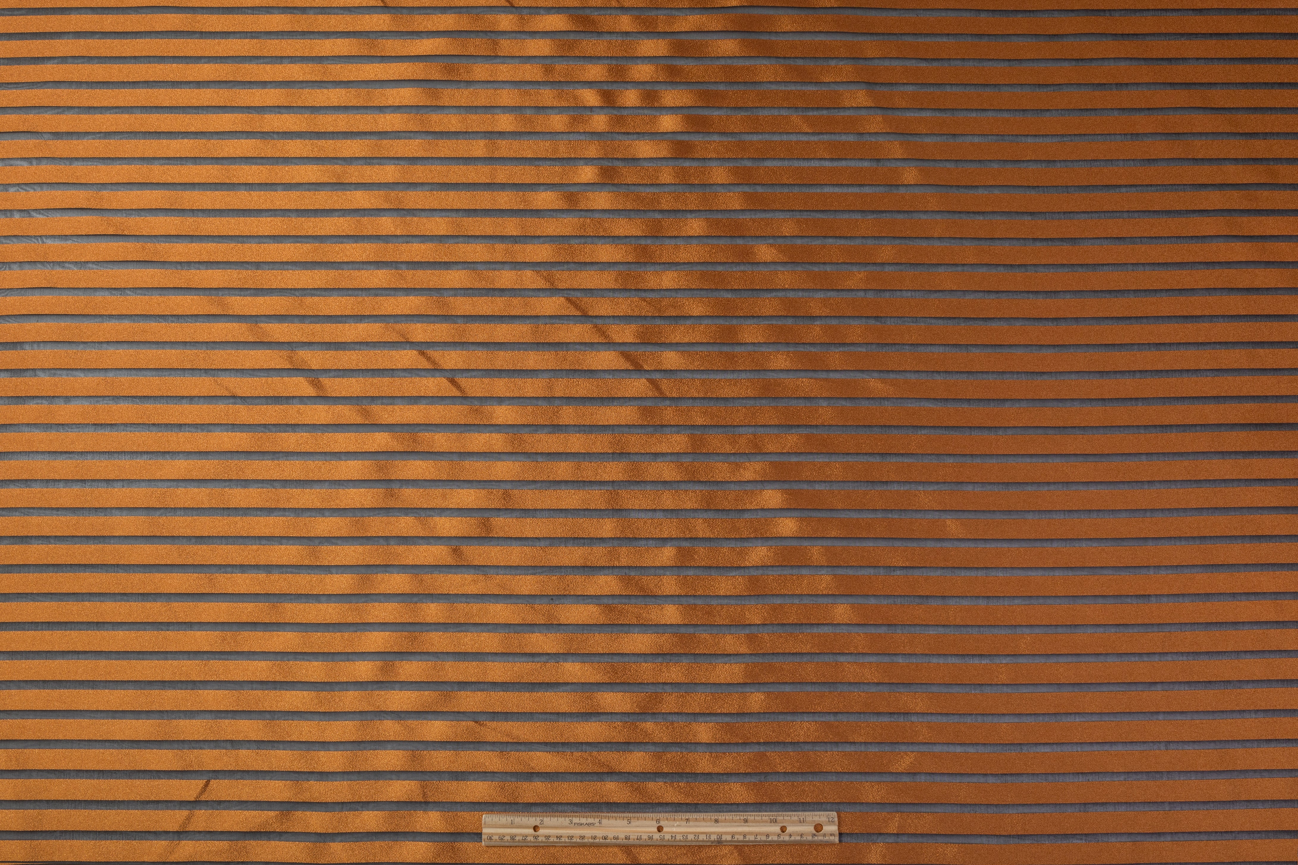 Striped Metallic Italian Silk Organza Burnout - Copper / Black