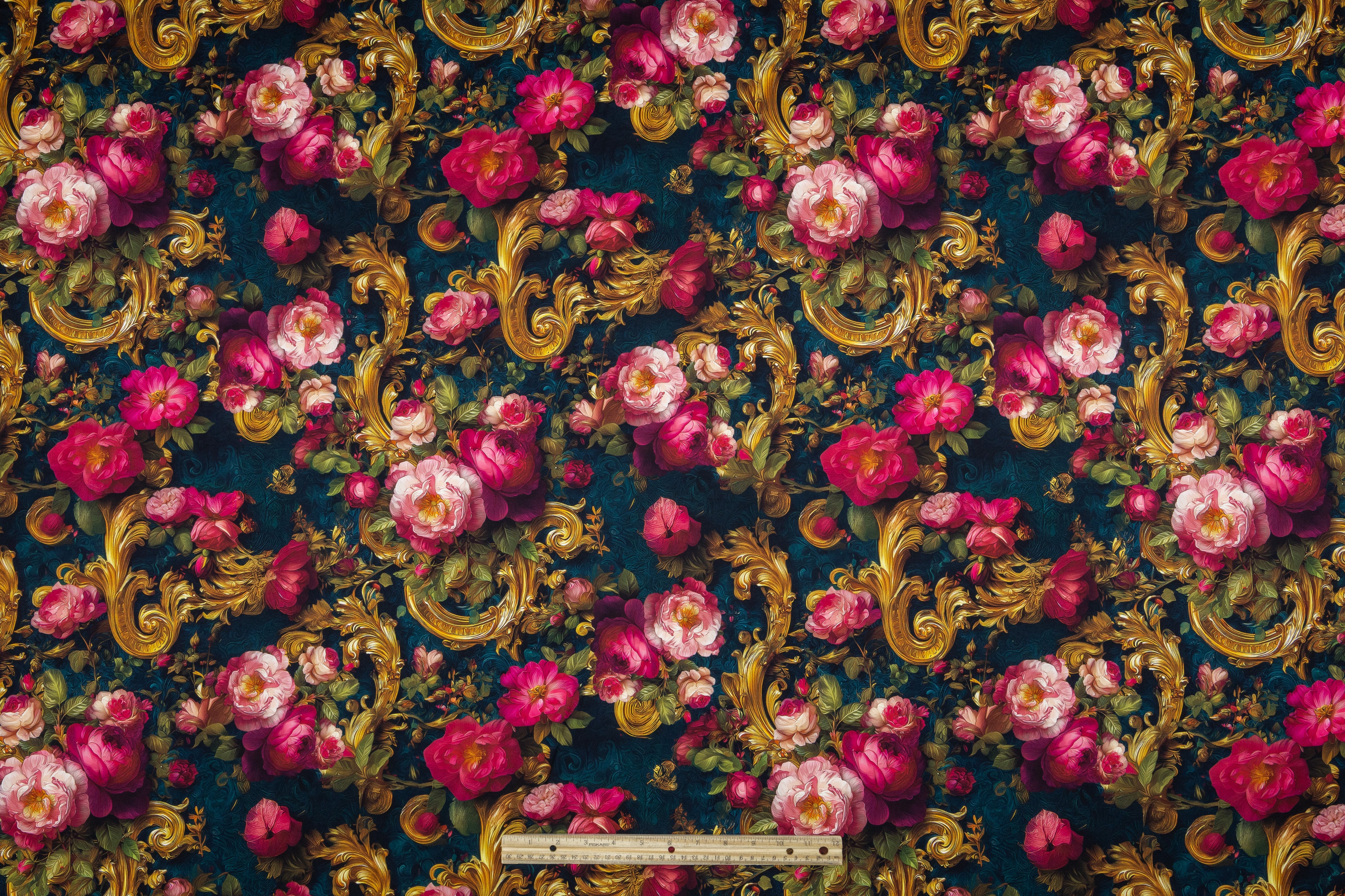 Baroque Floral Italian Silk Charmeuse - Teal / Pink / Gold