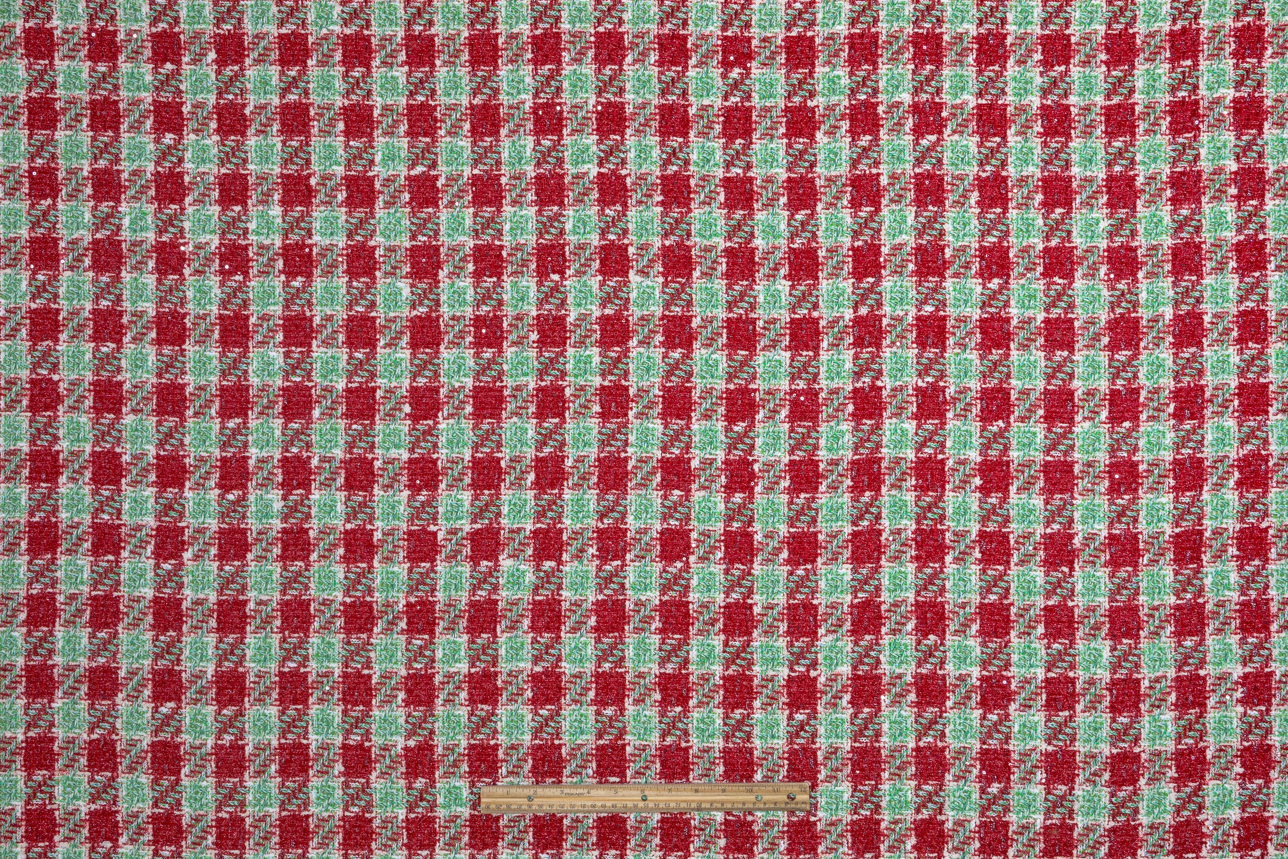 Metallic Houndstooth Italian Tweed - Red / White / Green