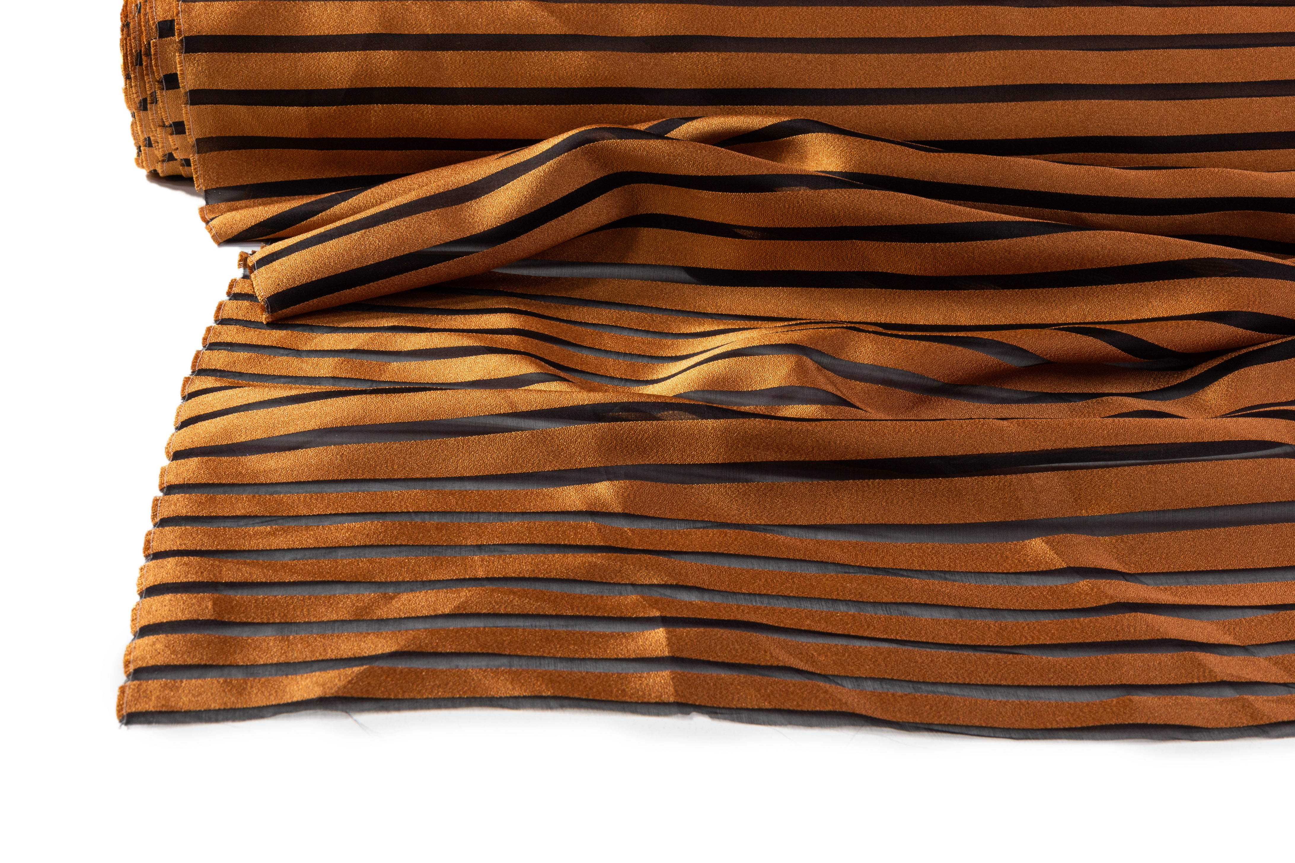 Striped Metallic Italian Silk Organza Burnout - Copper / Black