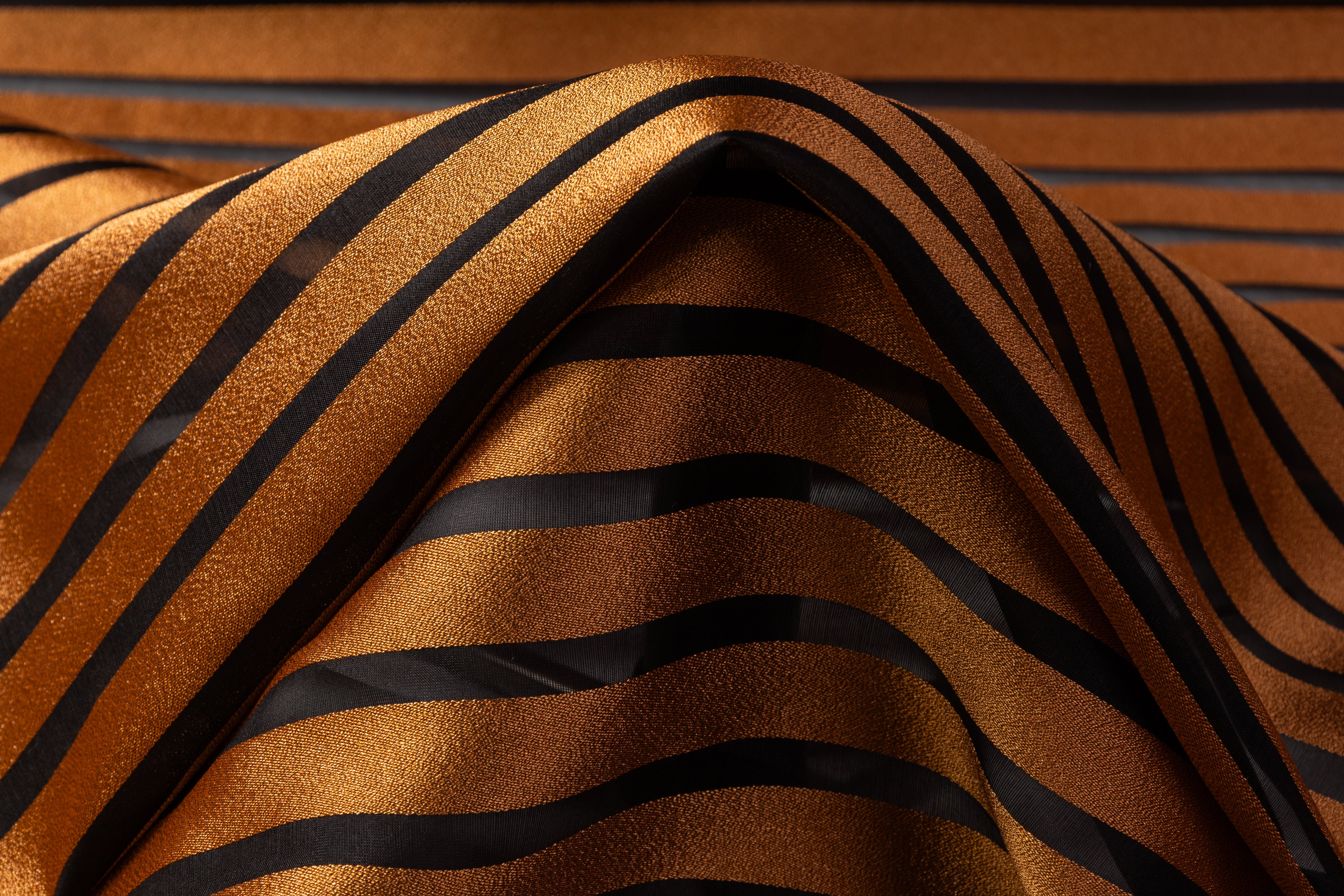 Striped Metallic Italian Silk Organza Burnout - Copper / Black