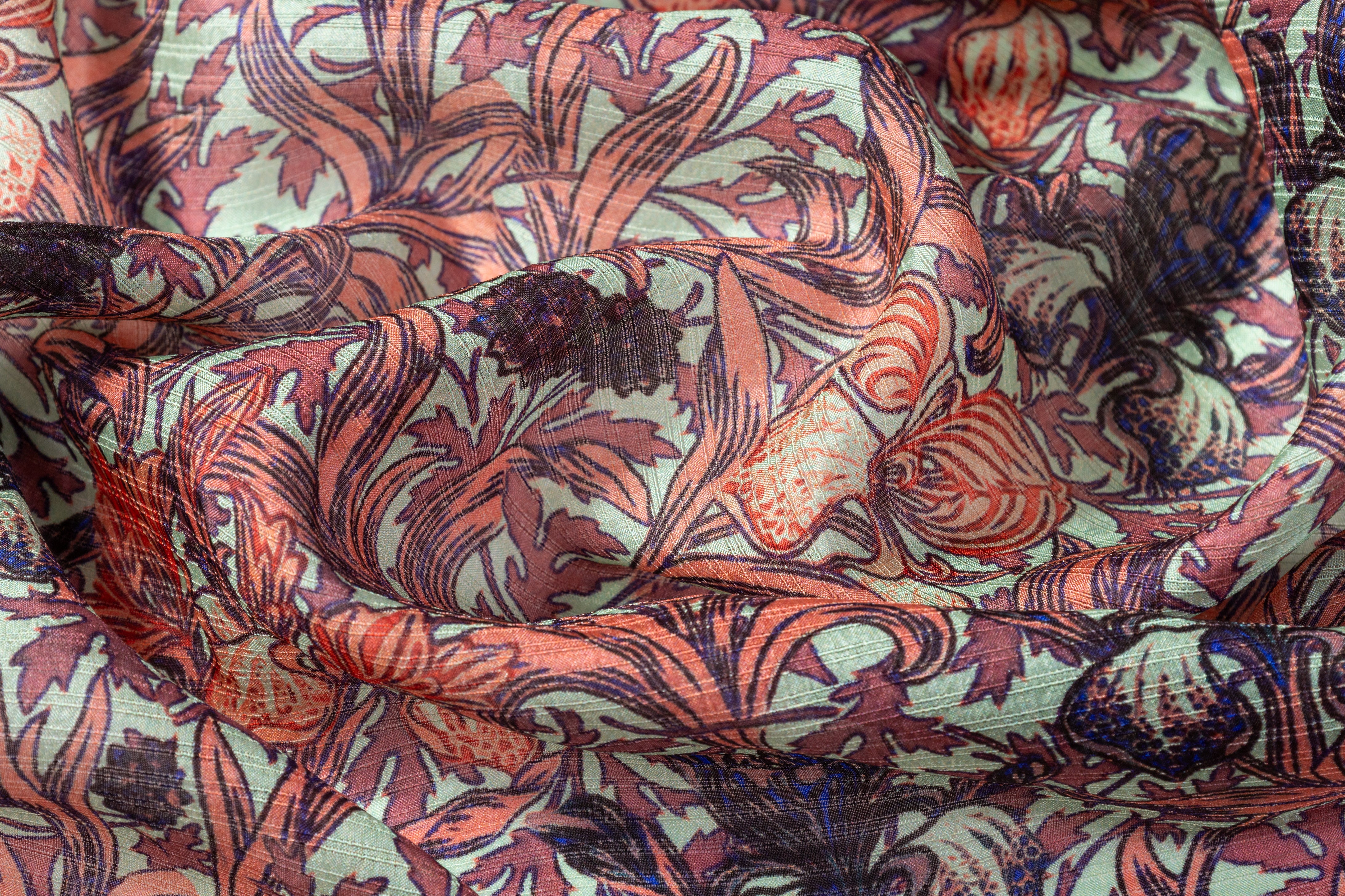 Textured Italian Silk Georgette - Green / Coral / Mauve