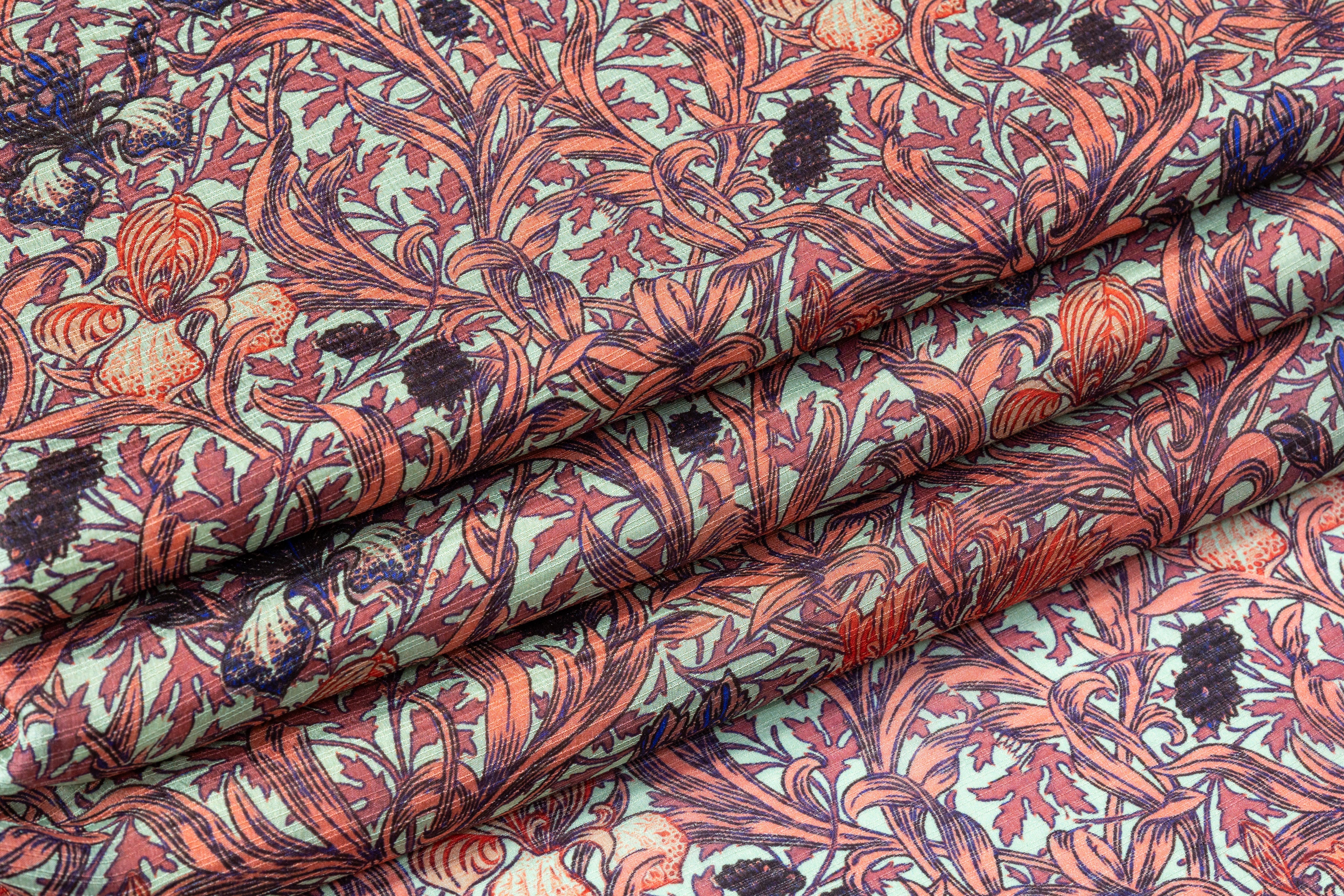 Textured Italian Silk Georgette - Green / Coral / Mauve