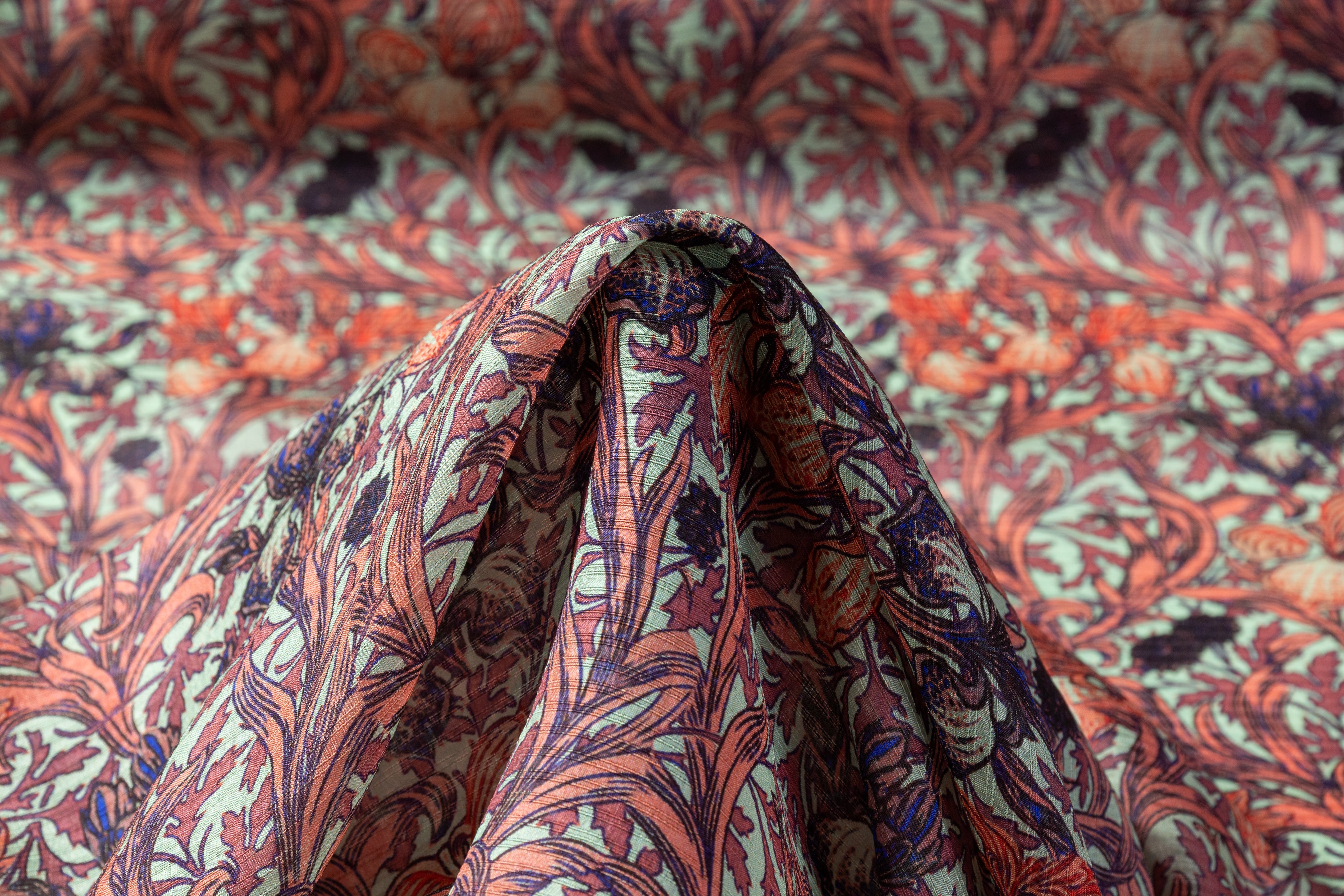 Textured Italian Silk Georgette - Green / Coral / Mauve