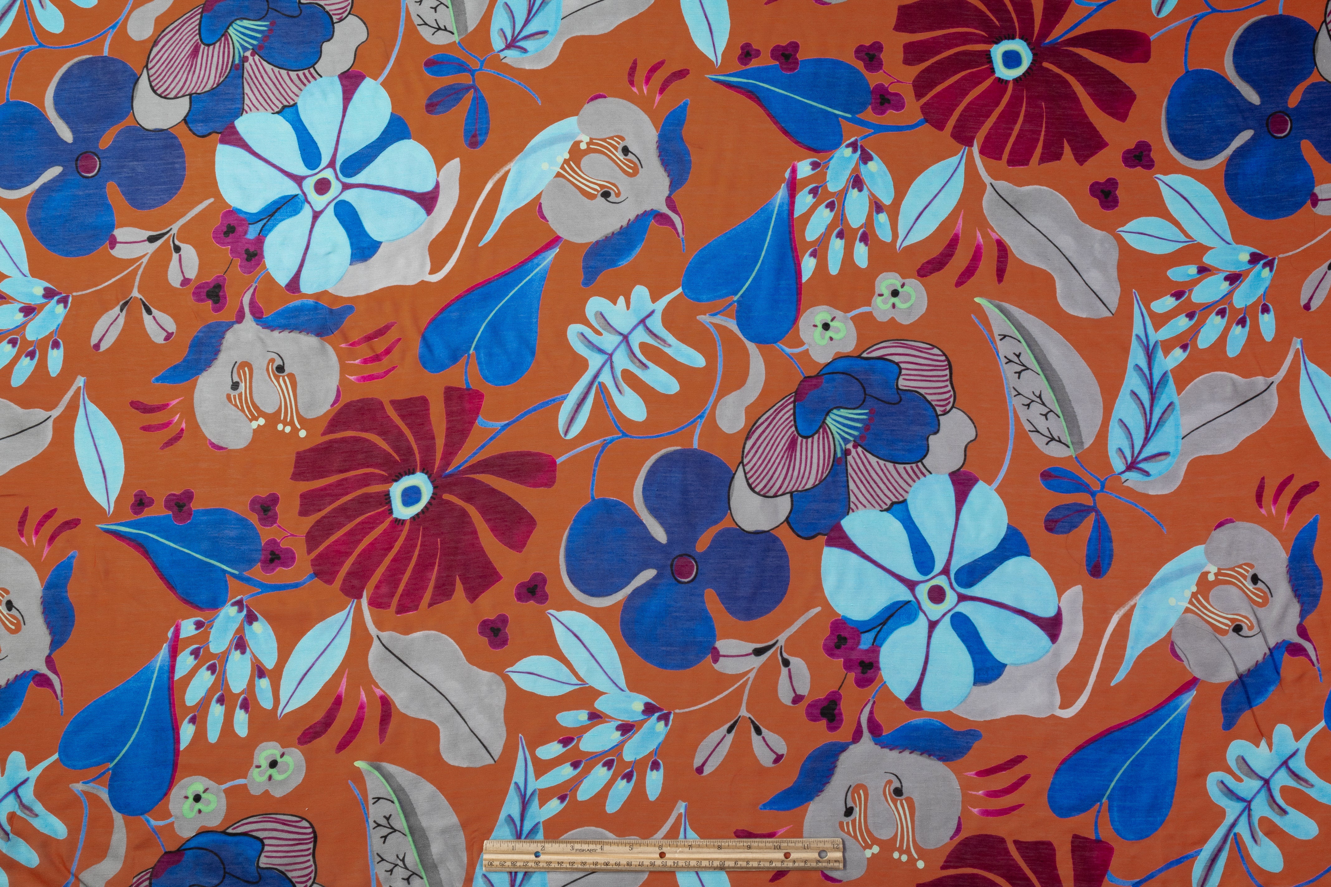 Floral Italian Silk Linen Blend - Rust / Blue / Gray / Burgundy