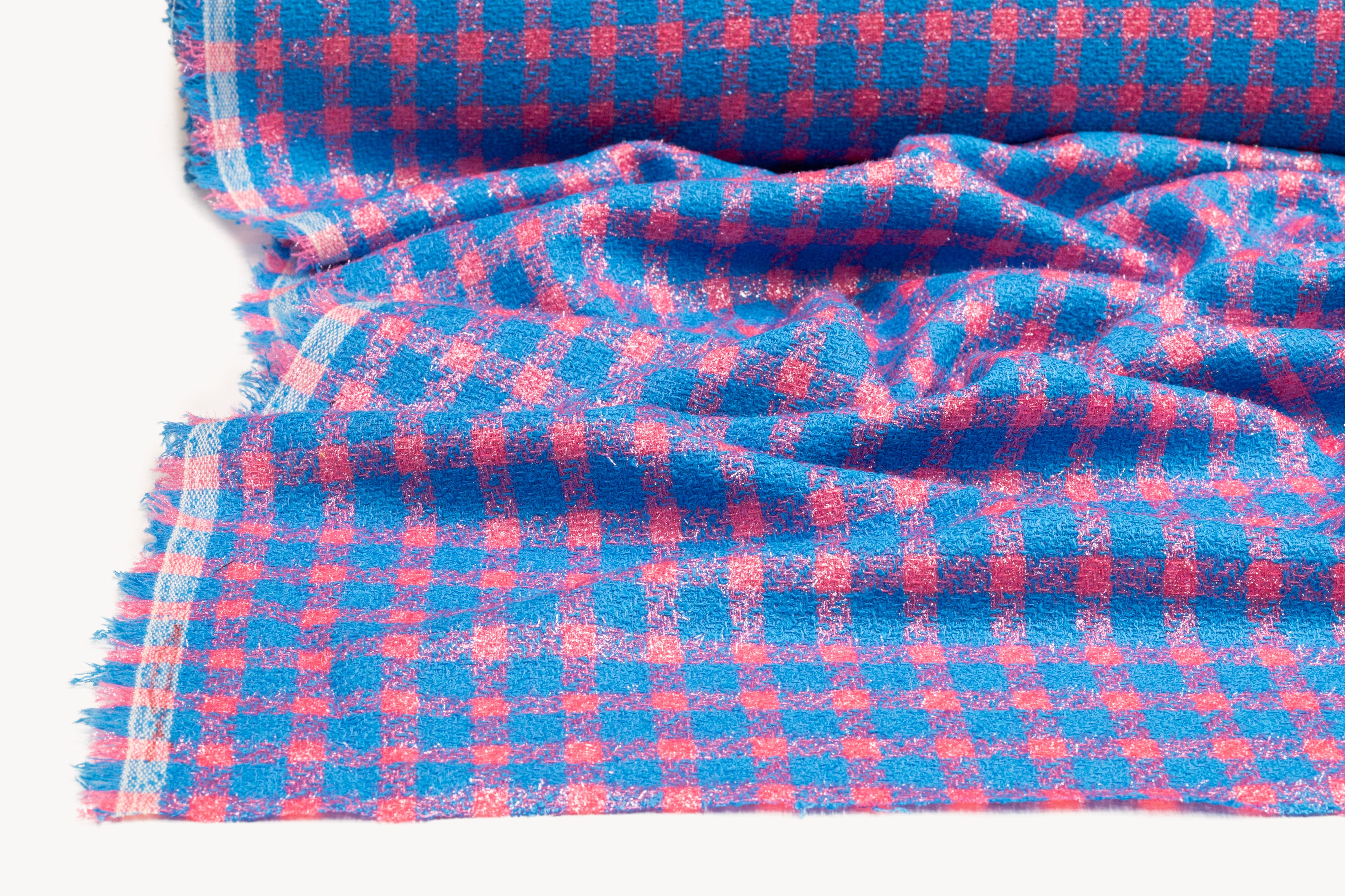 Checked Metallic Italian Wool Blend Tweed - Pink / Blue