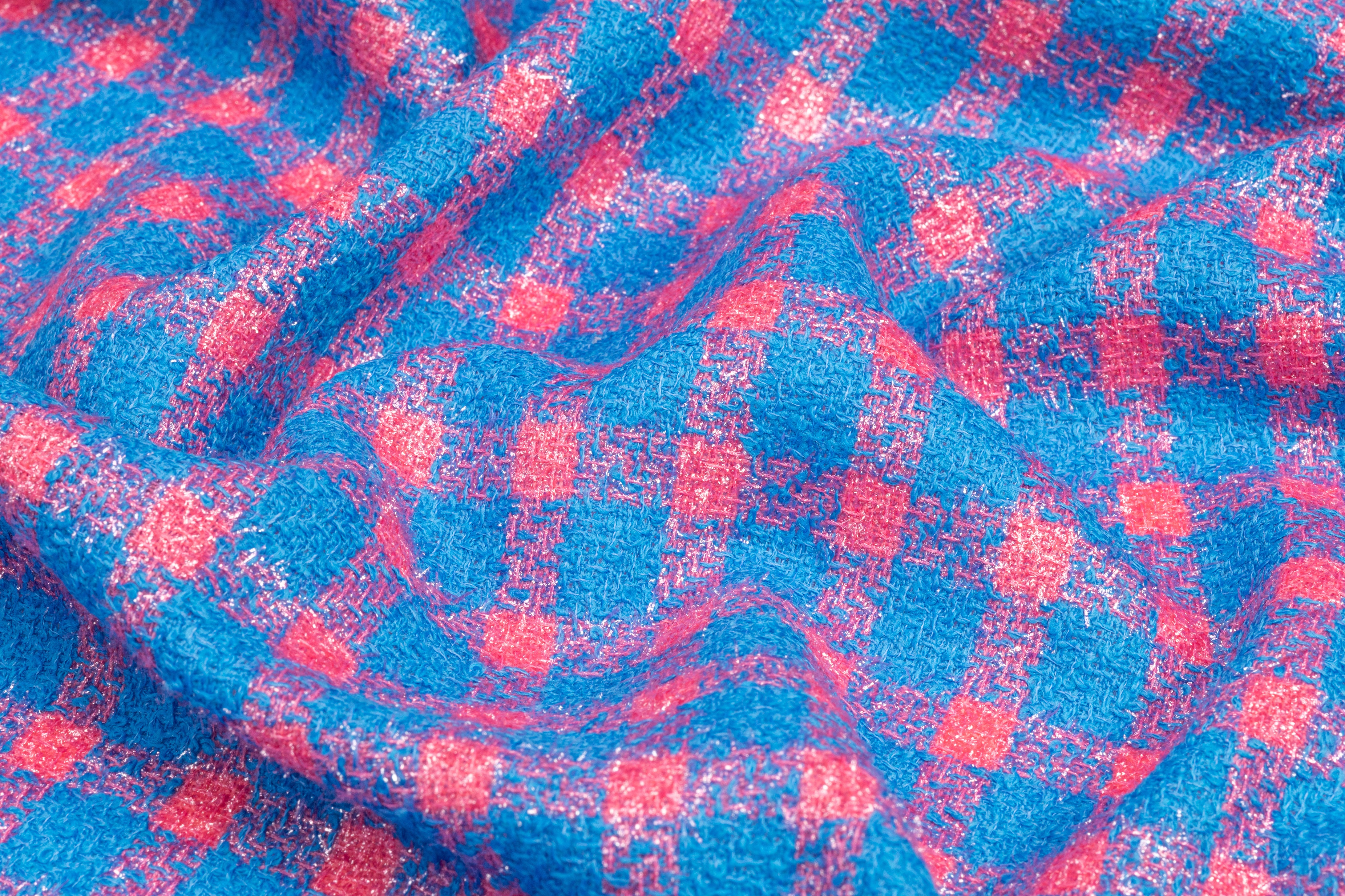 Checked Metallic Italian Wool Blend Tweed - Pink / Blue