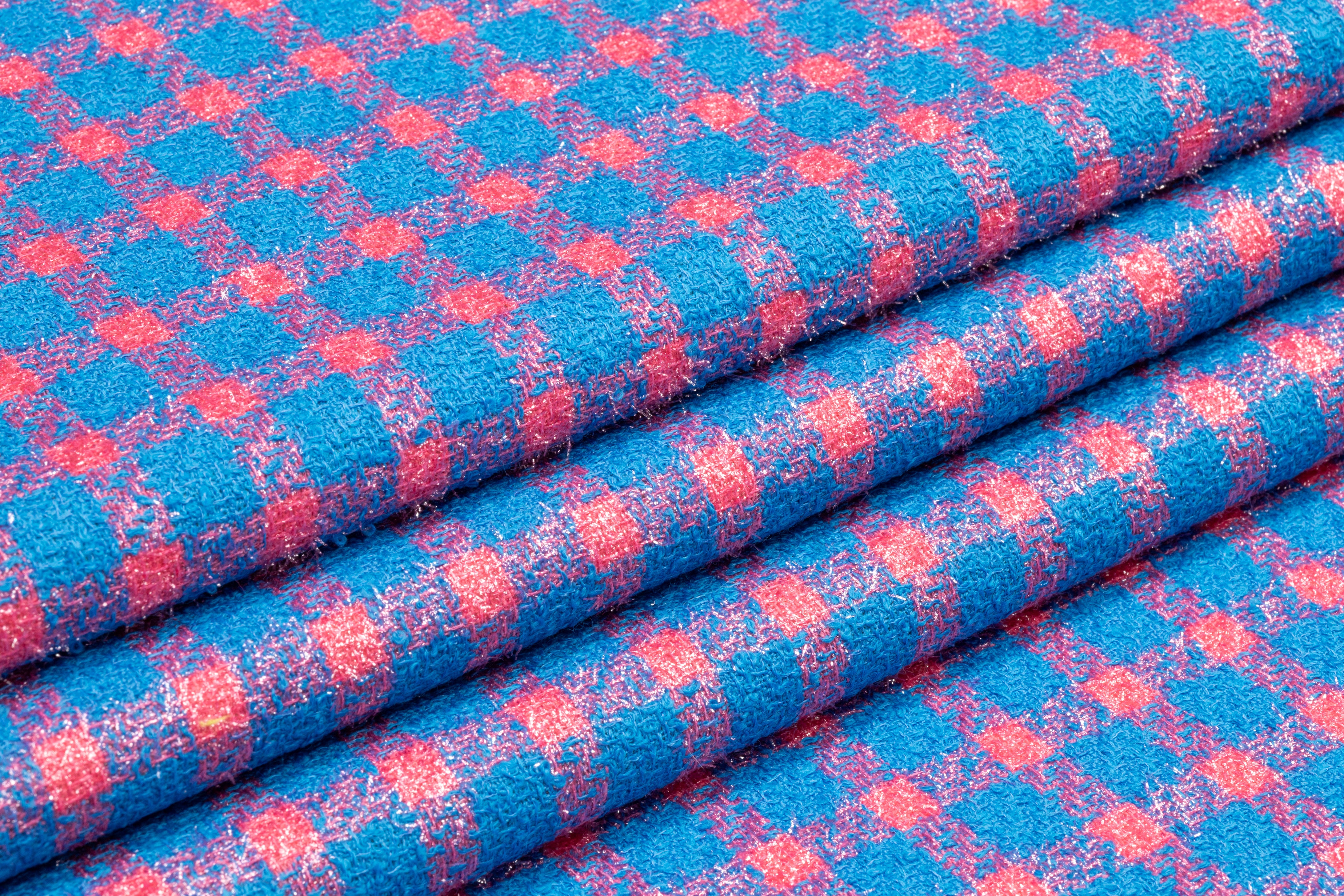 Checked Metallic Italian Wool Blend Tweed - Pink / Blue