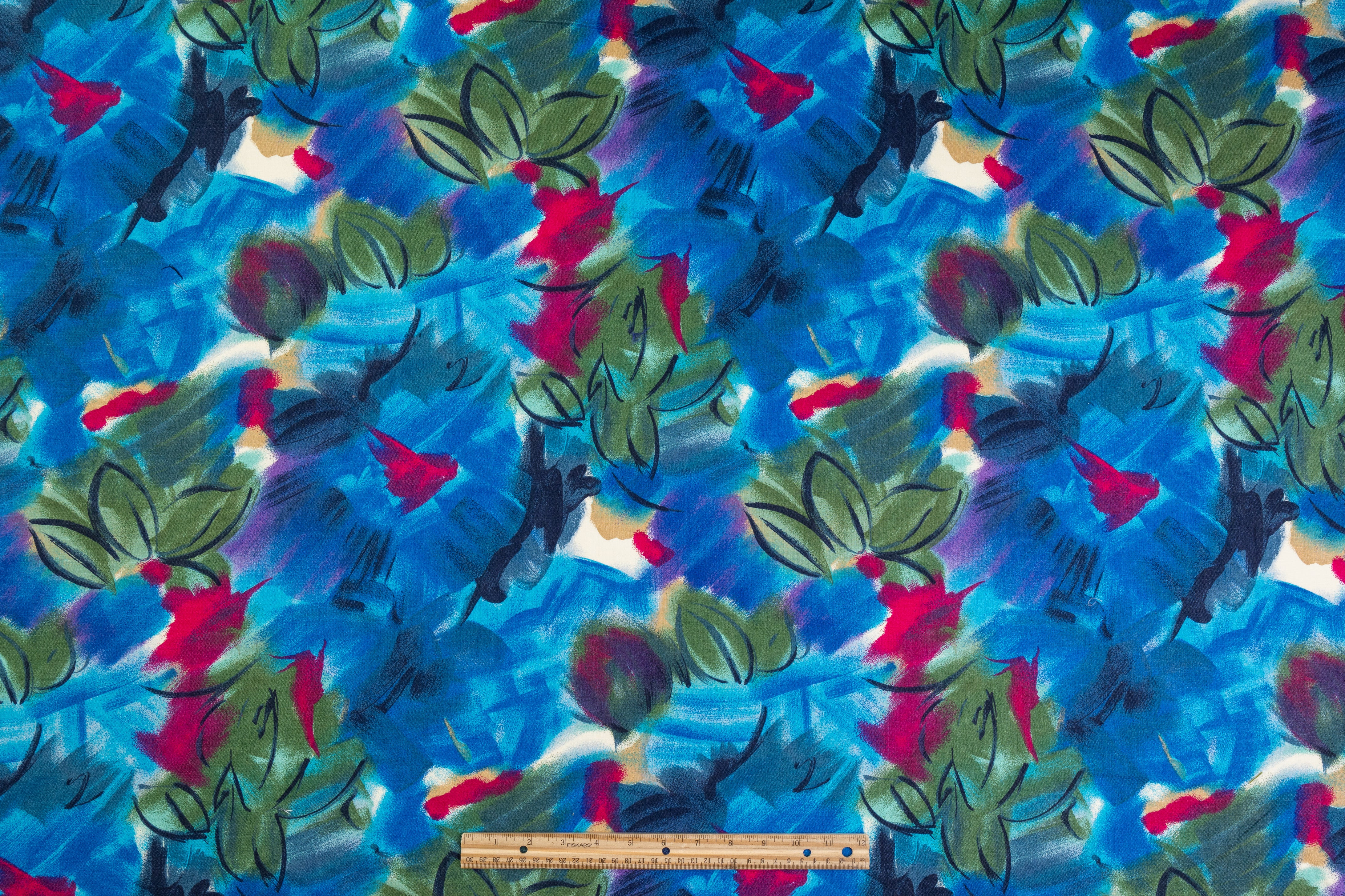 Floral Italian Viscose Linen Blend - Blue / Fuchsia / Green