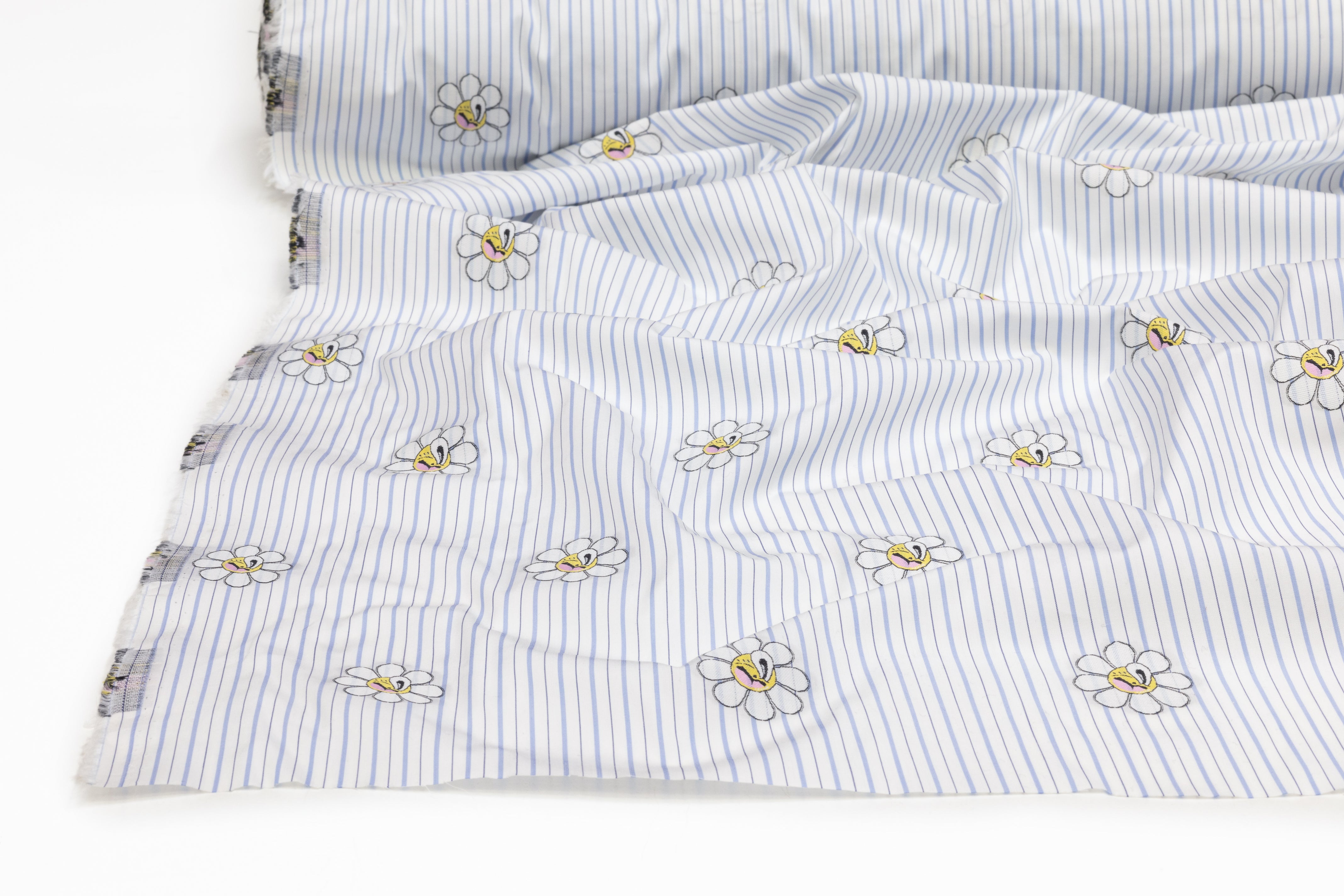 Embroidered Italian Cotton Shirting - White / Blue
