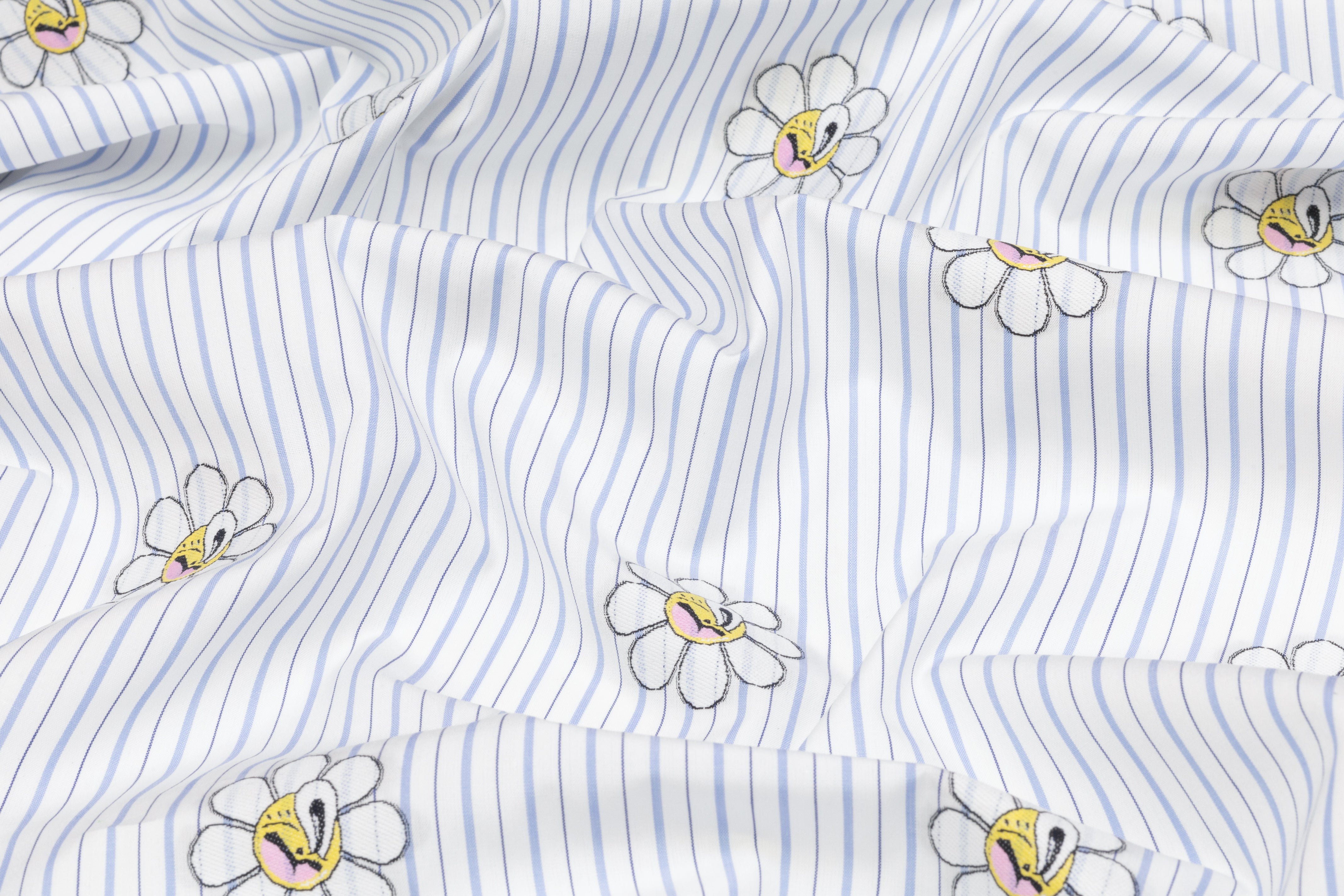 Embroidered Italian Cotton Shirting - White / Blue