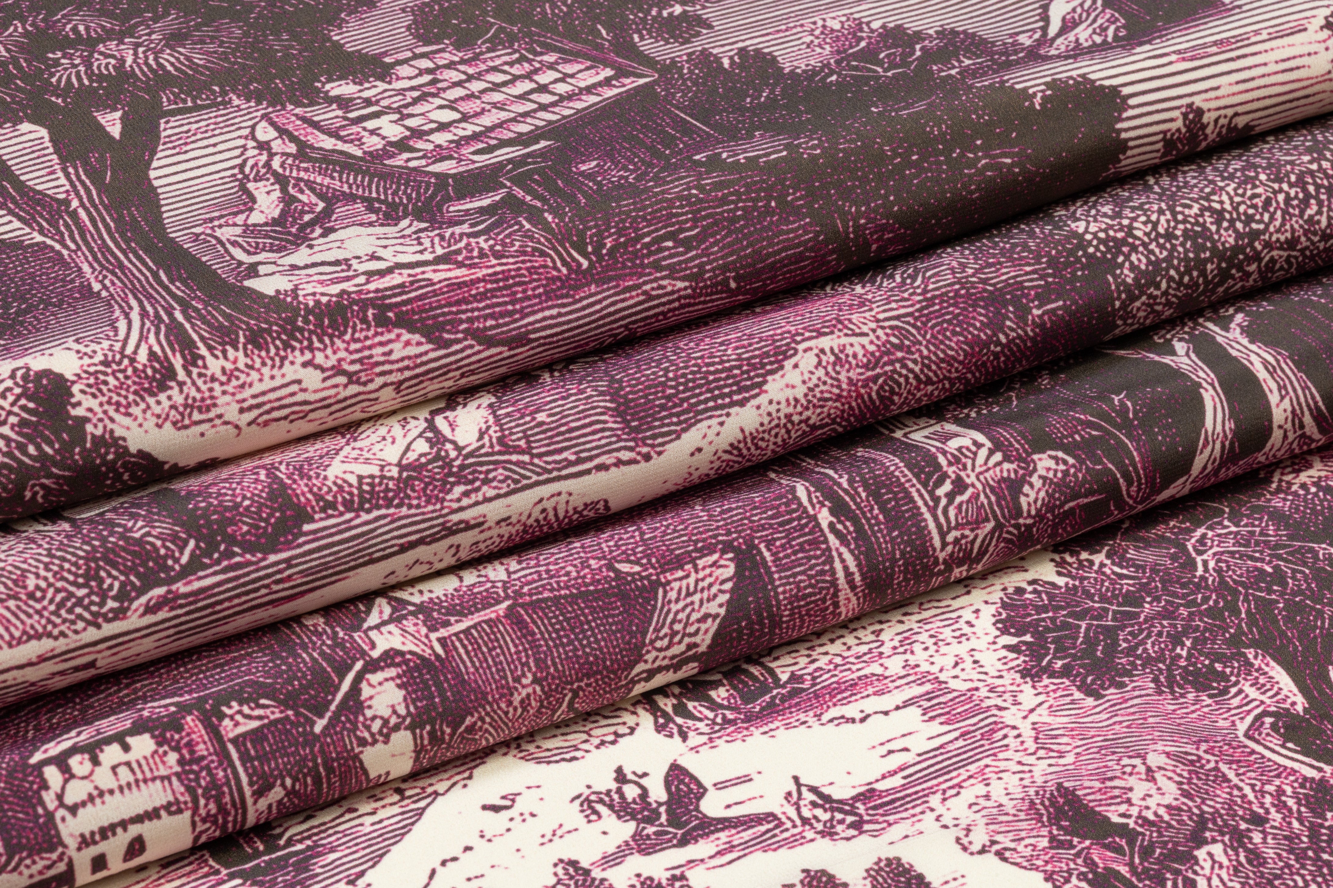 Toile Printed Italian Silk Crepe de Chine - Plum
