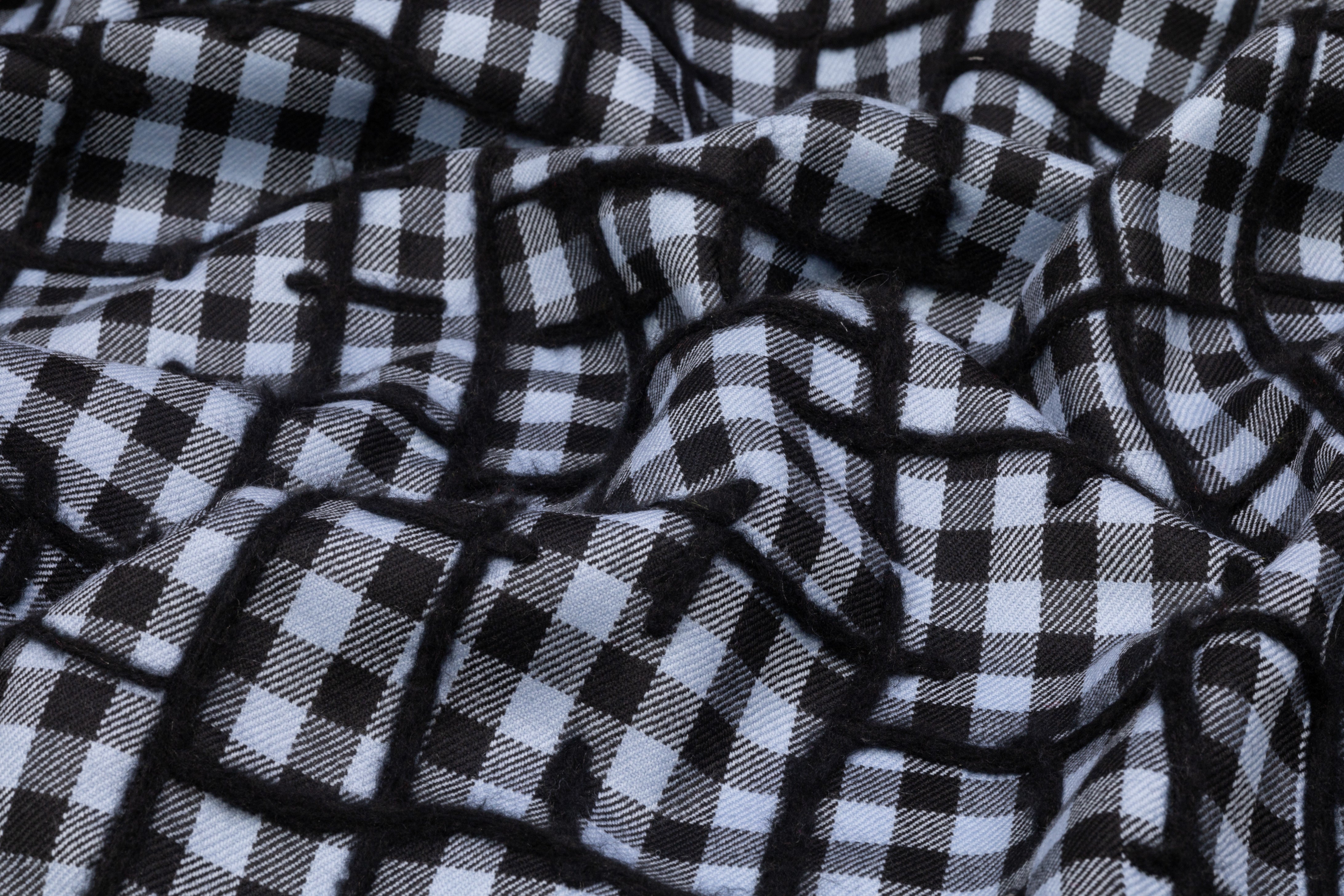 Abstract Embroidered Checked Italian Wool - Black / Blue