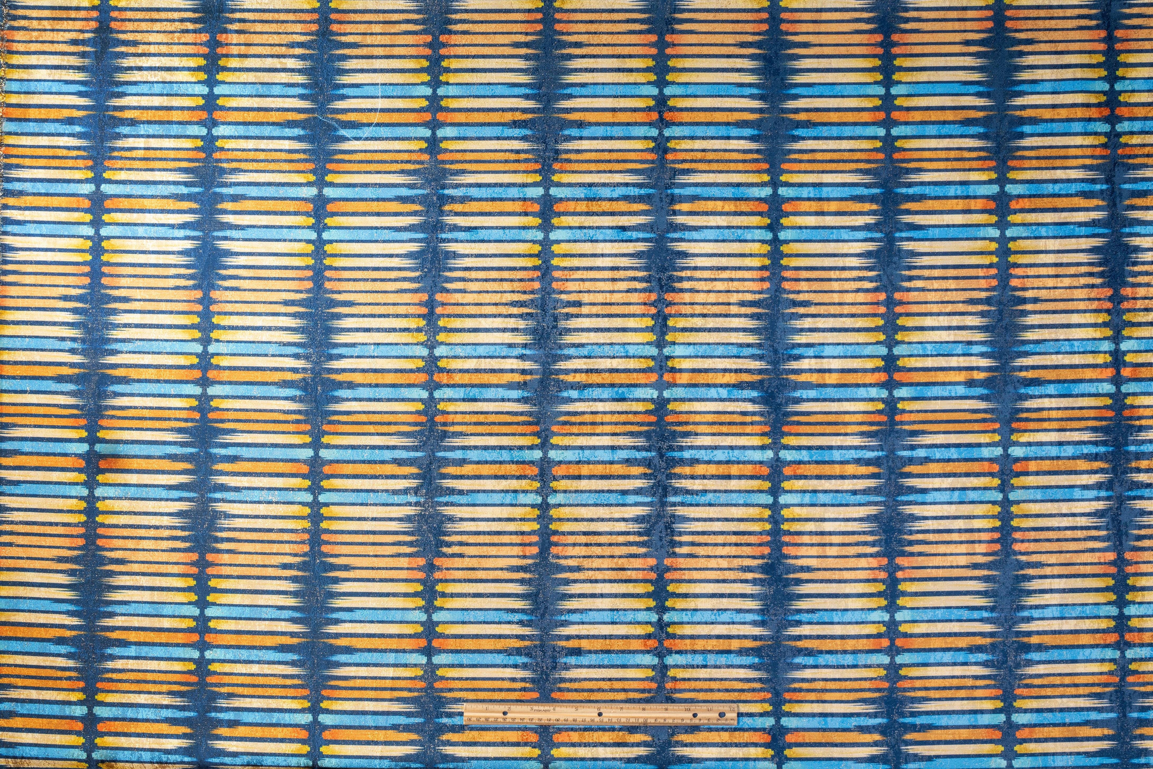 Streak Printed Metallic Brocade - Blue / Orange / Yellow