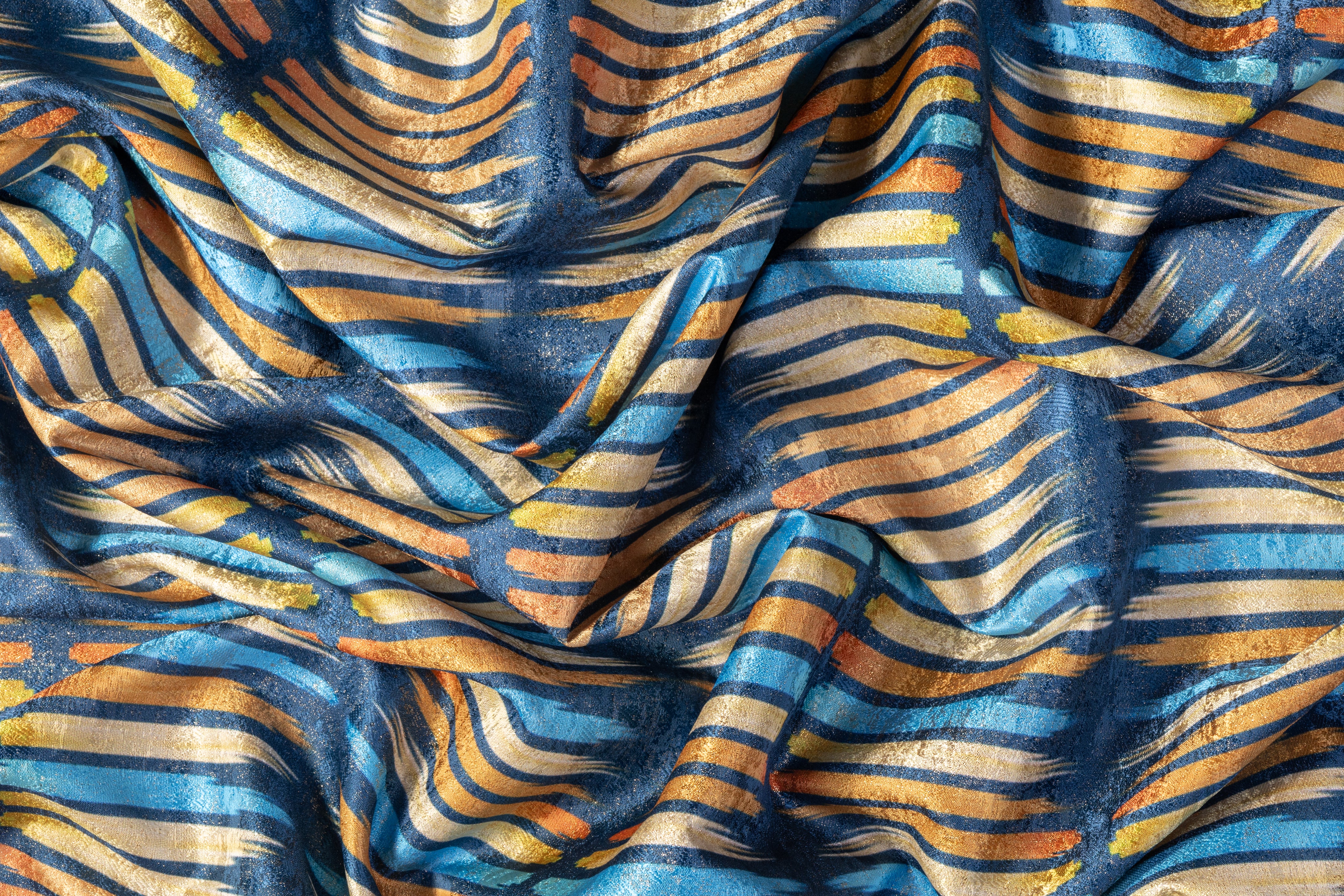 Streak Printed Metallic Brocade - Blue / Orange / Yellow