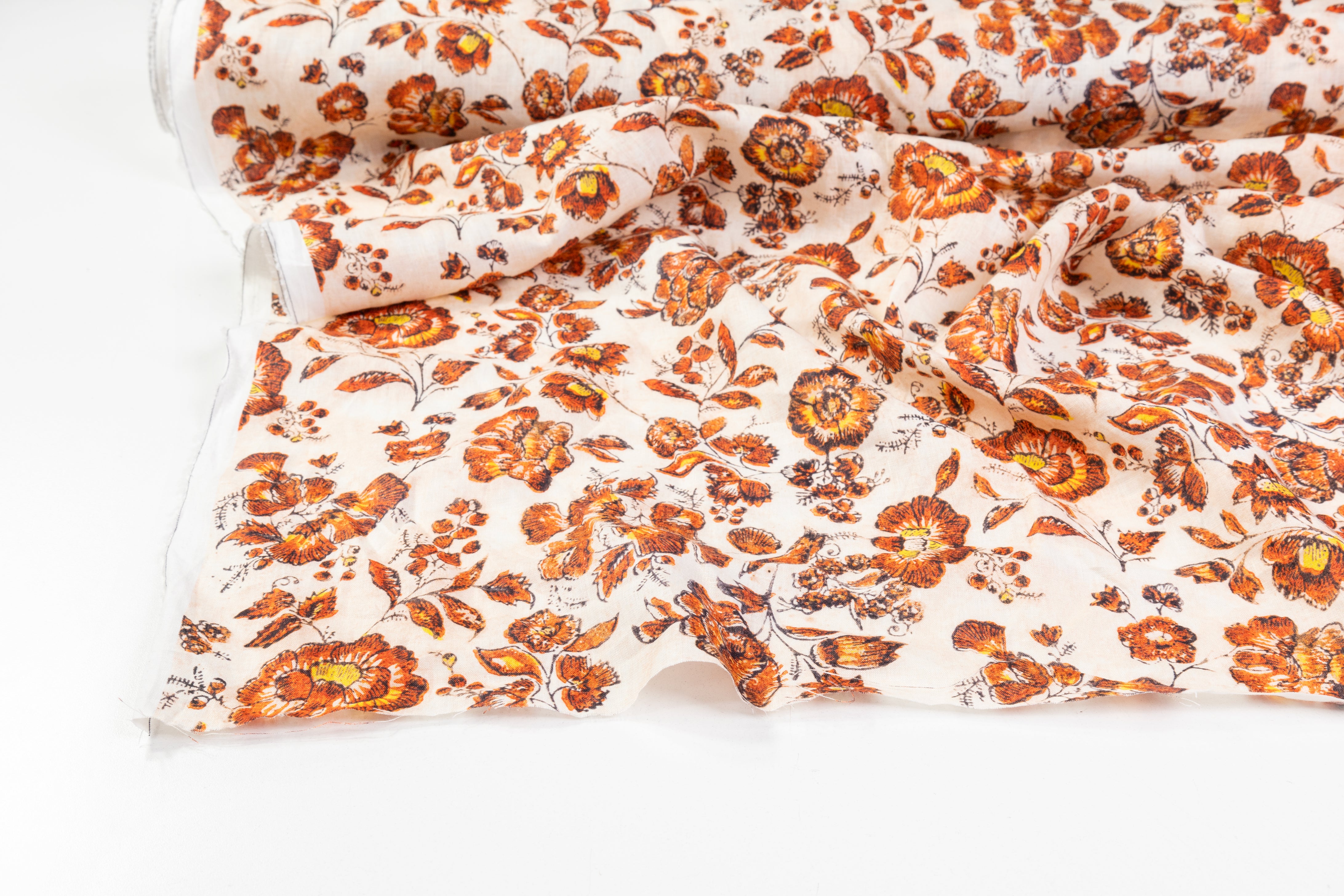 Floral Italian Linen - Off White / Burnt Orange
