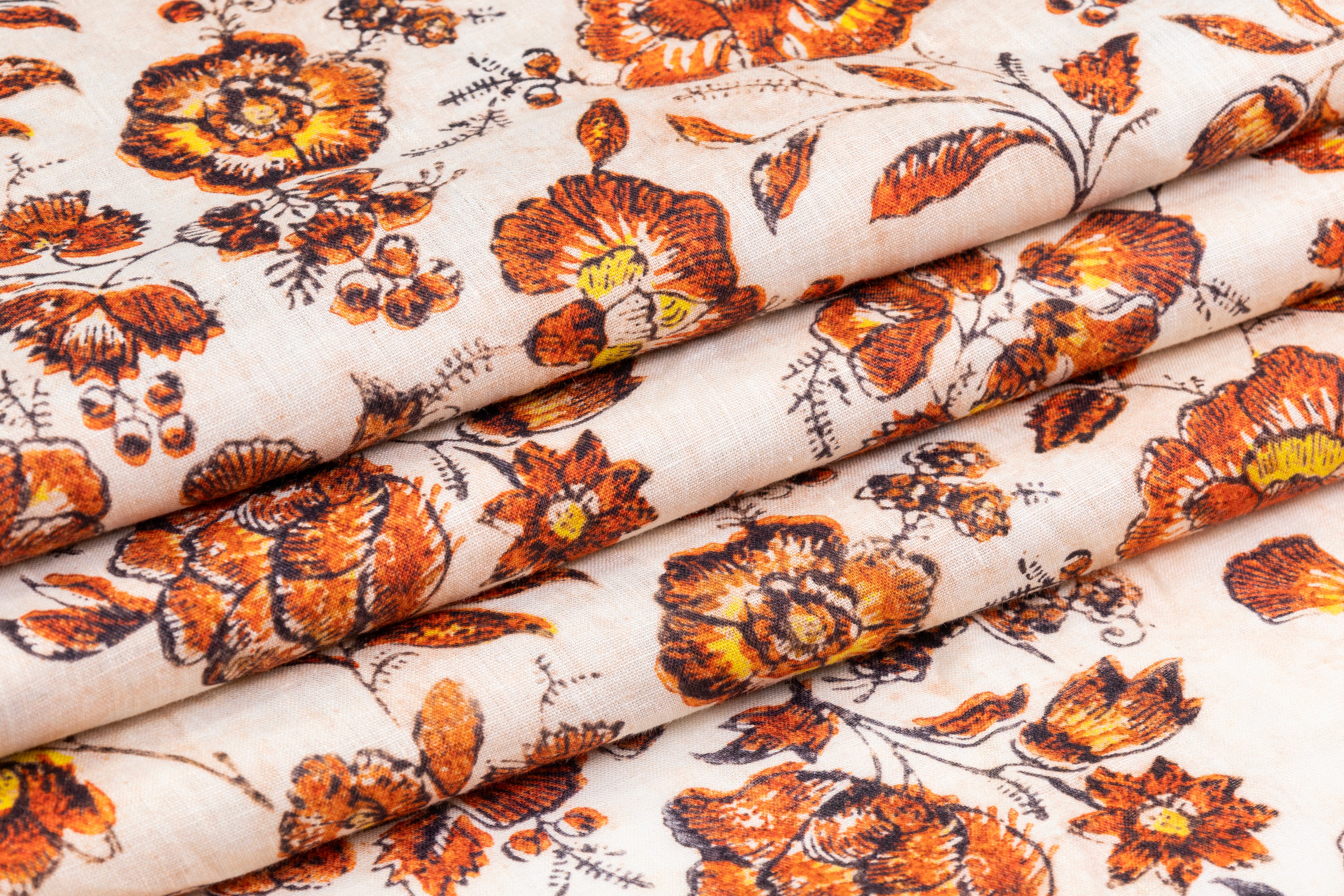 Floral Italian Linen - Off White / Burnt Orange