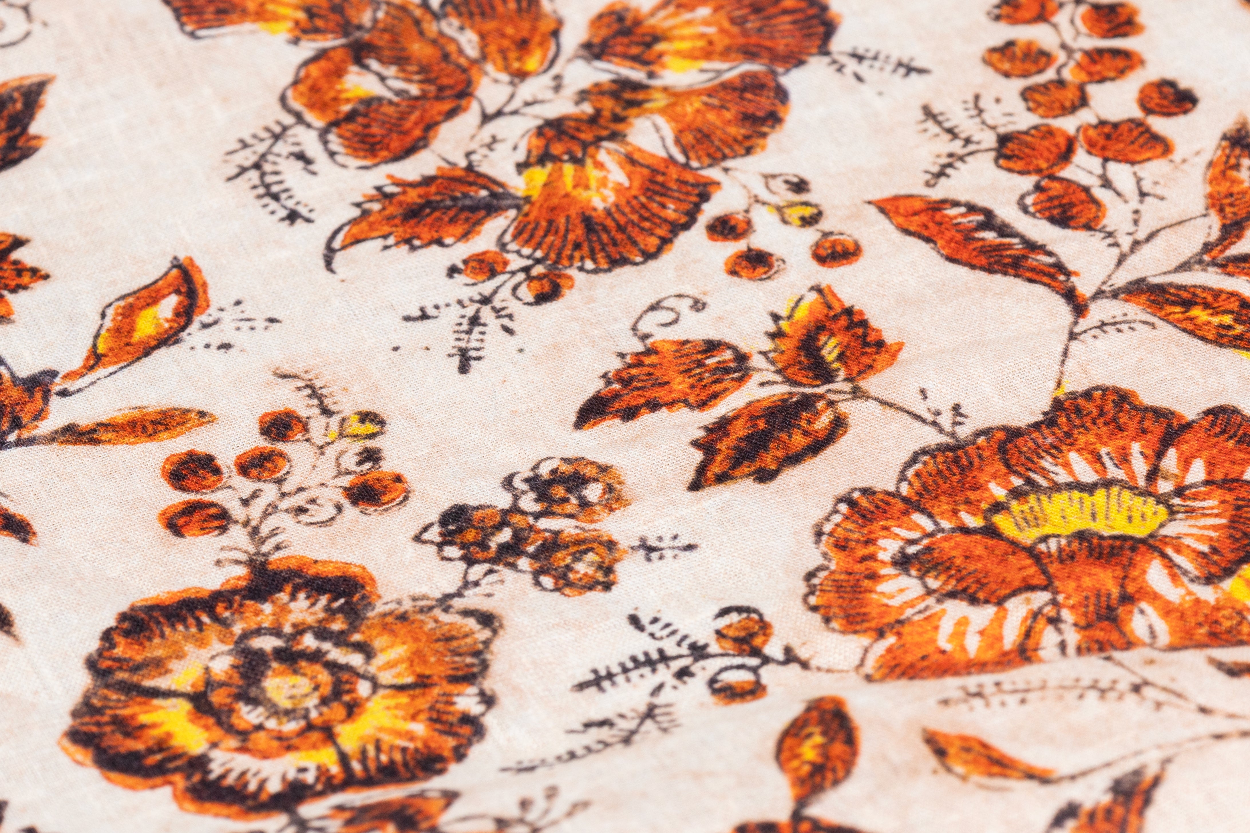 Floral Italian Linen - Off White / Burnt Orange