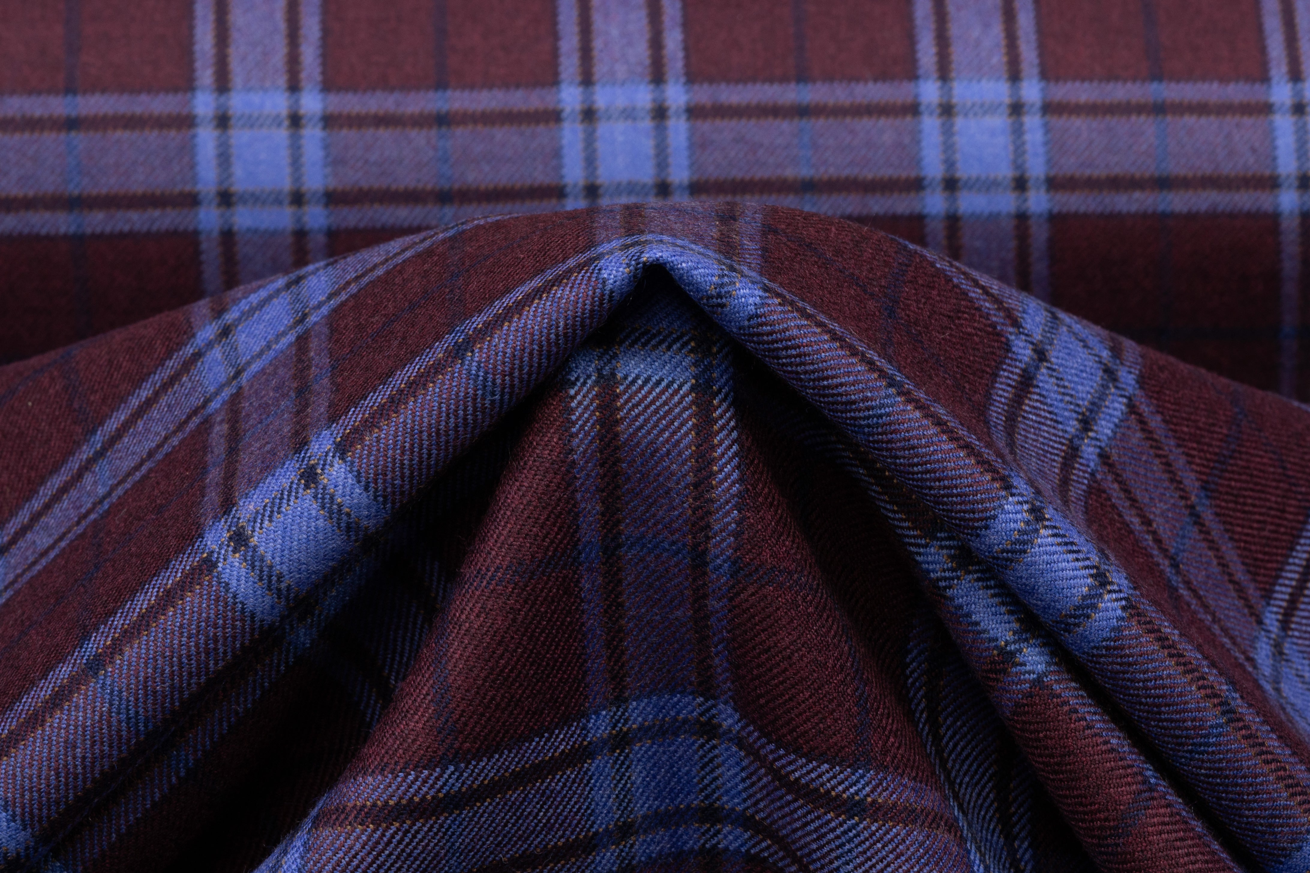 Plaid Italian Wool Flannel Suiting - Burgundy / Blue