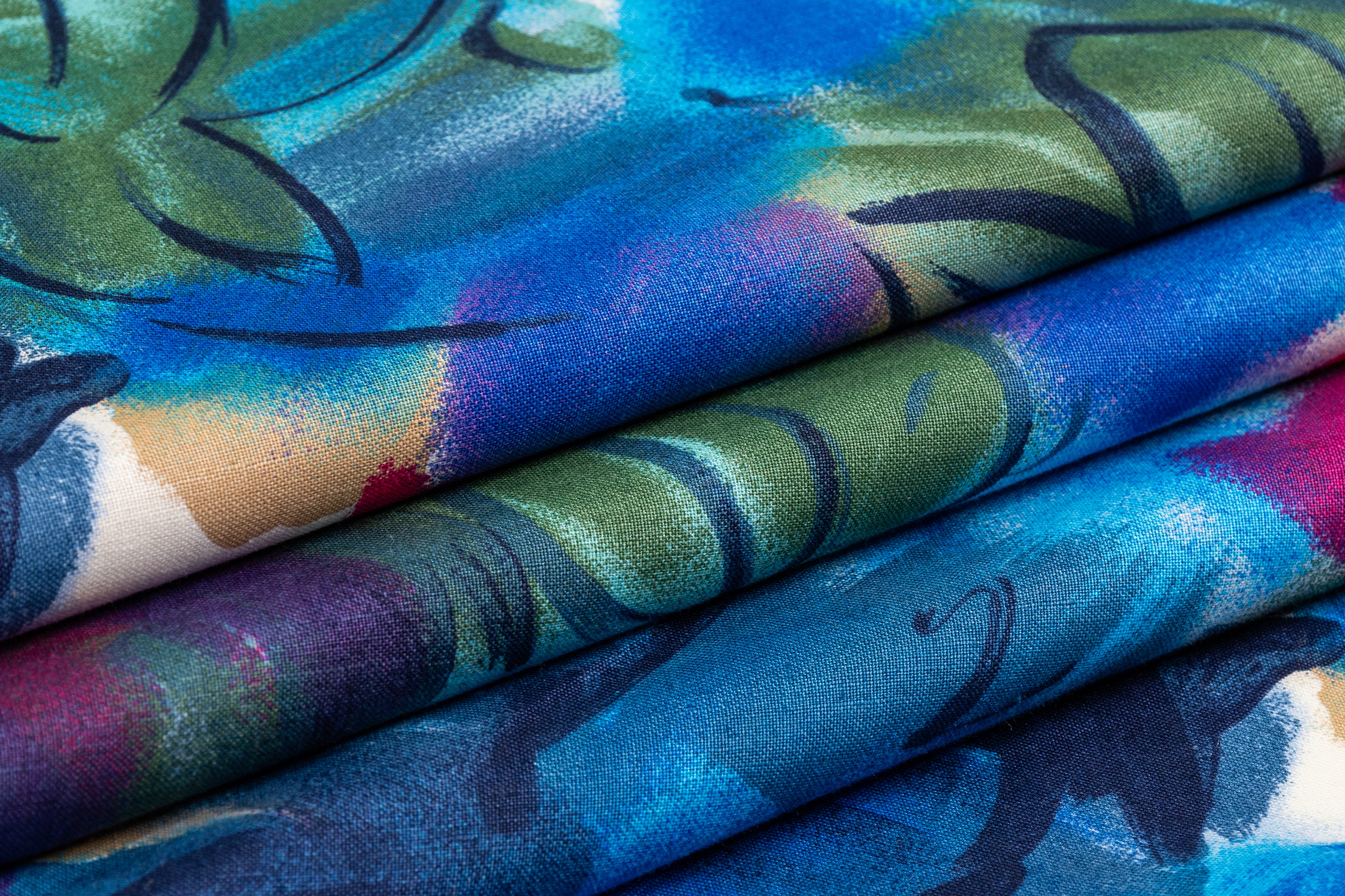 Floral Italian Viscose Linen Blend - Blue / Fuchsia / Green
