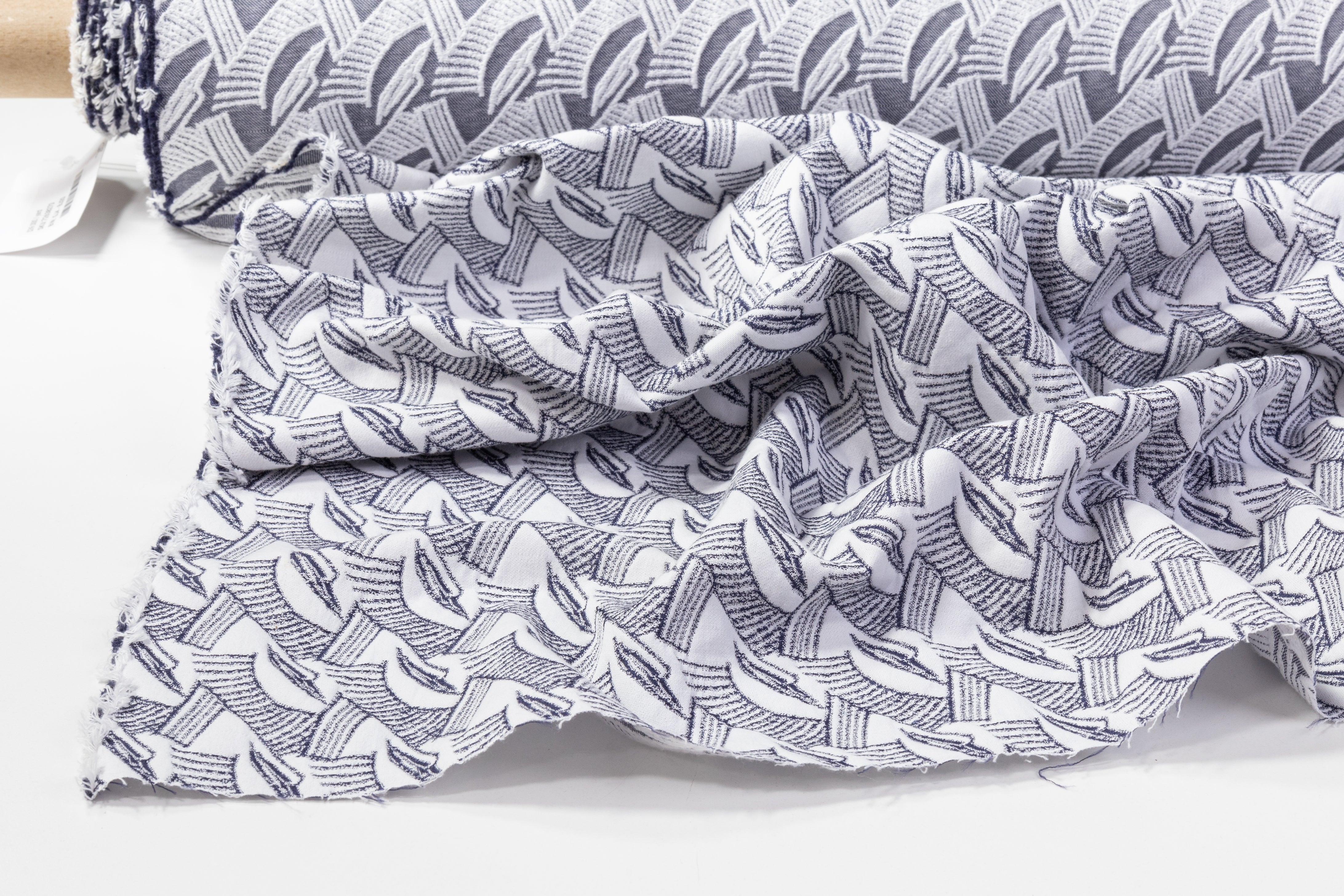 Geometric Poly Cotton Brocade - Blue / White