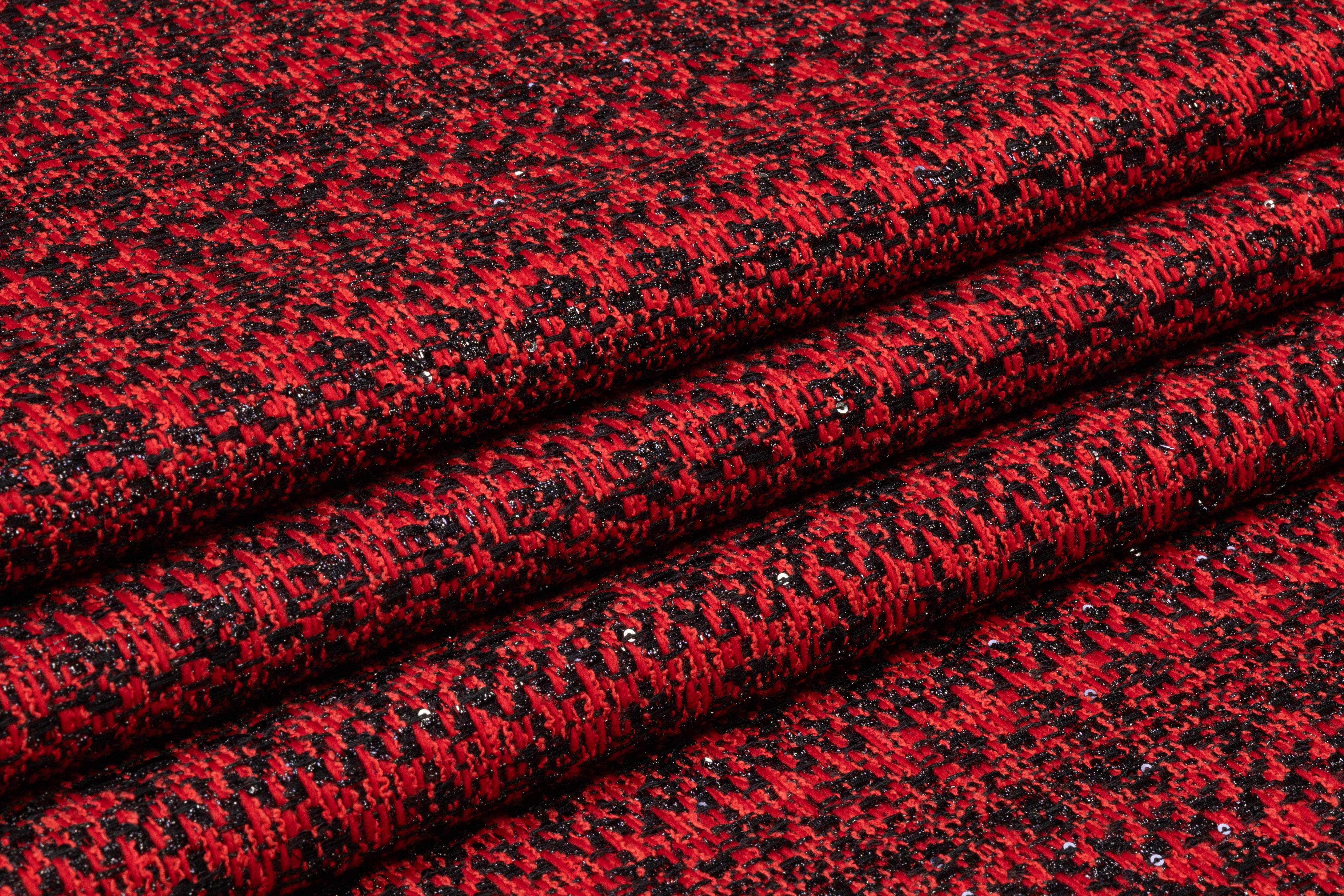 Fused Italian Wool Blend Metallic Tweed - Red / Black