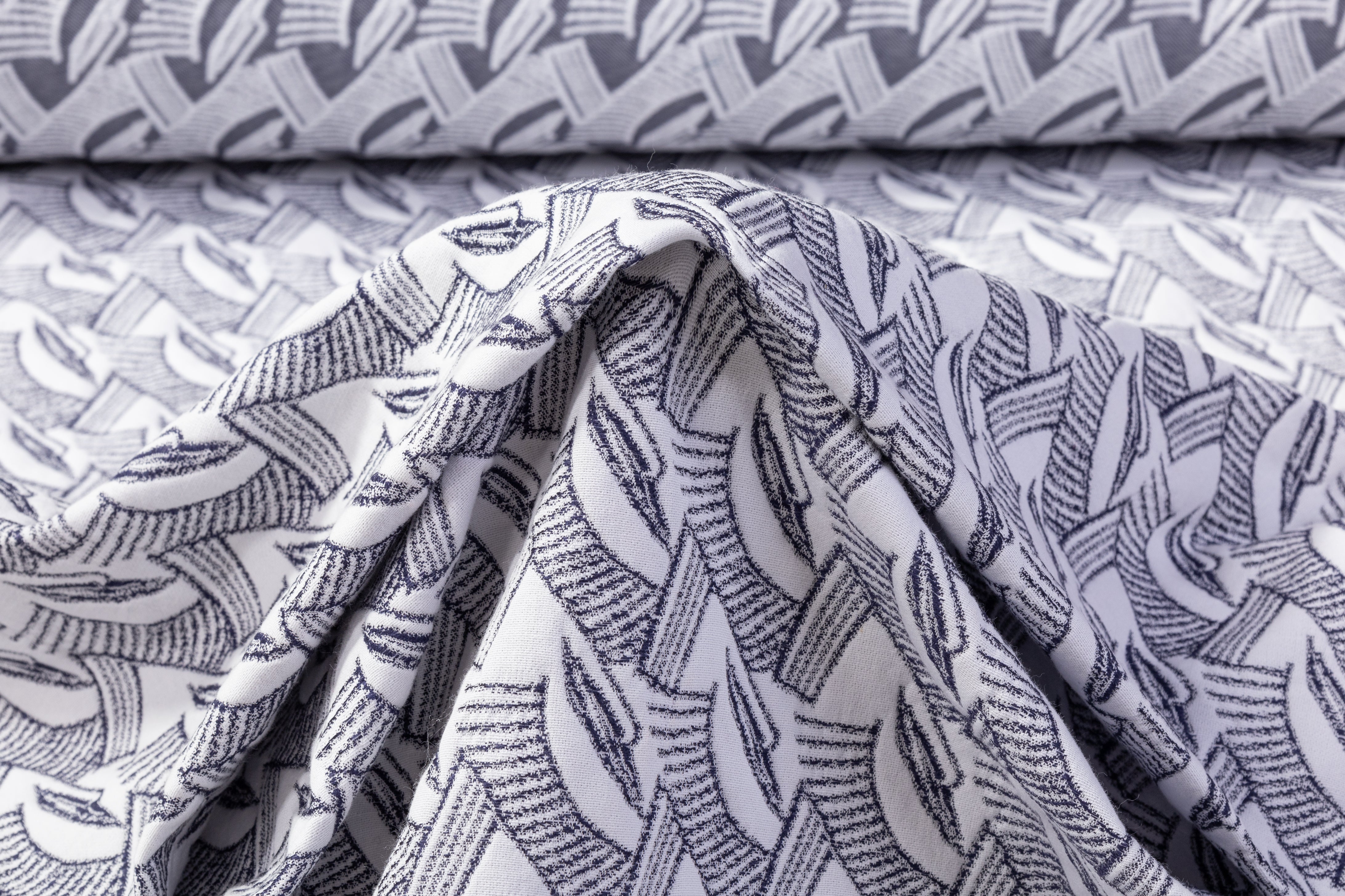 Geometric Poly Cotton Brocade - Blue / White