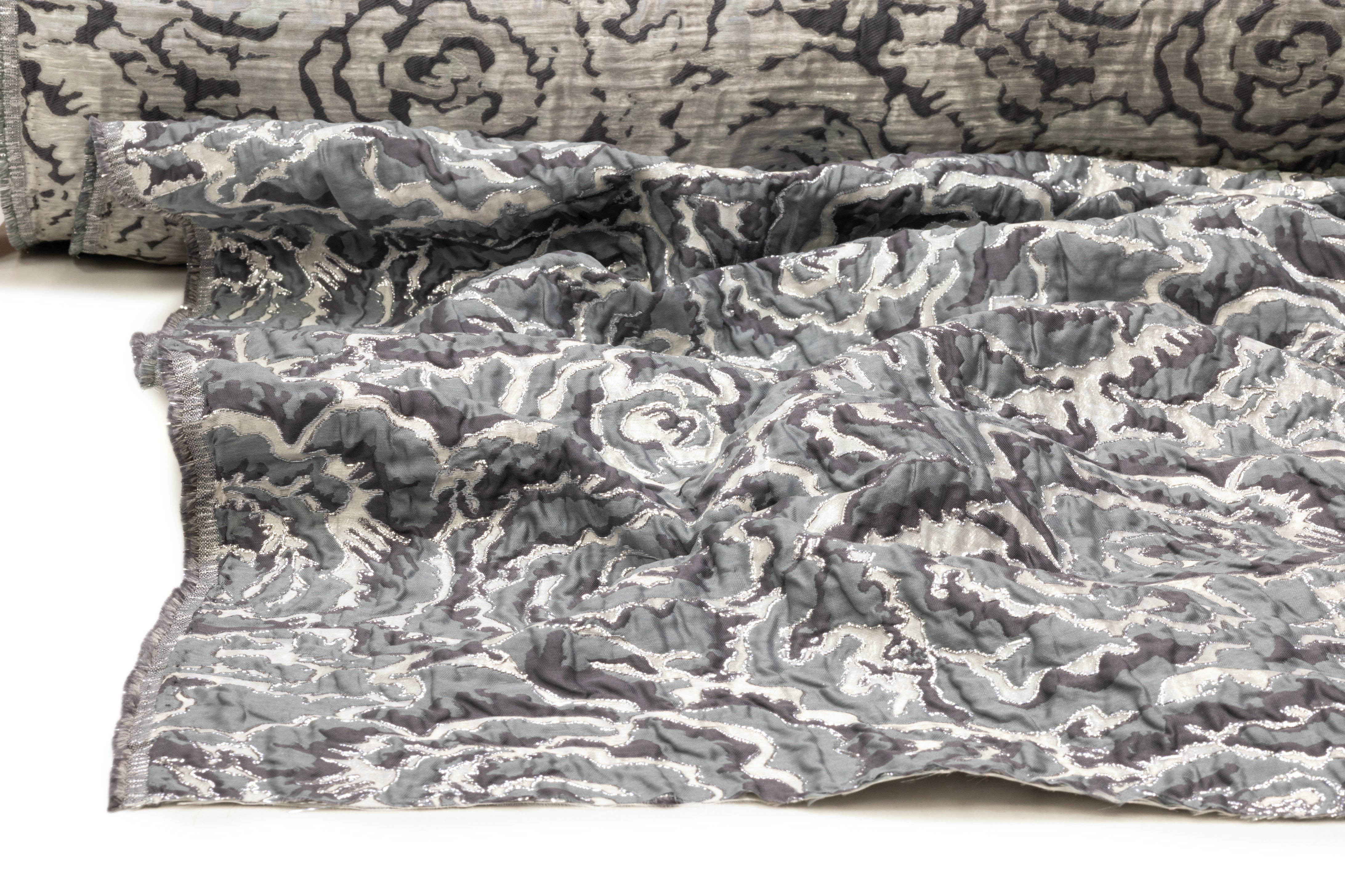 Floral Metallic Crinkled Italian Brocade - Gray / Slate Blue