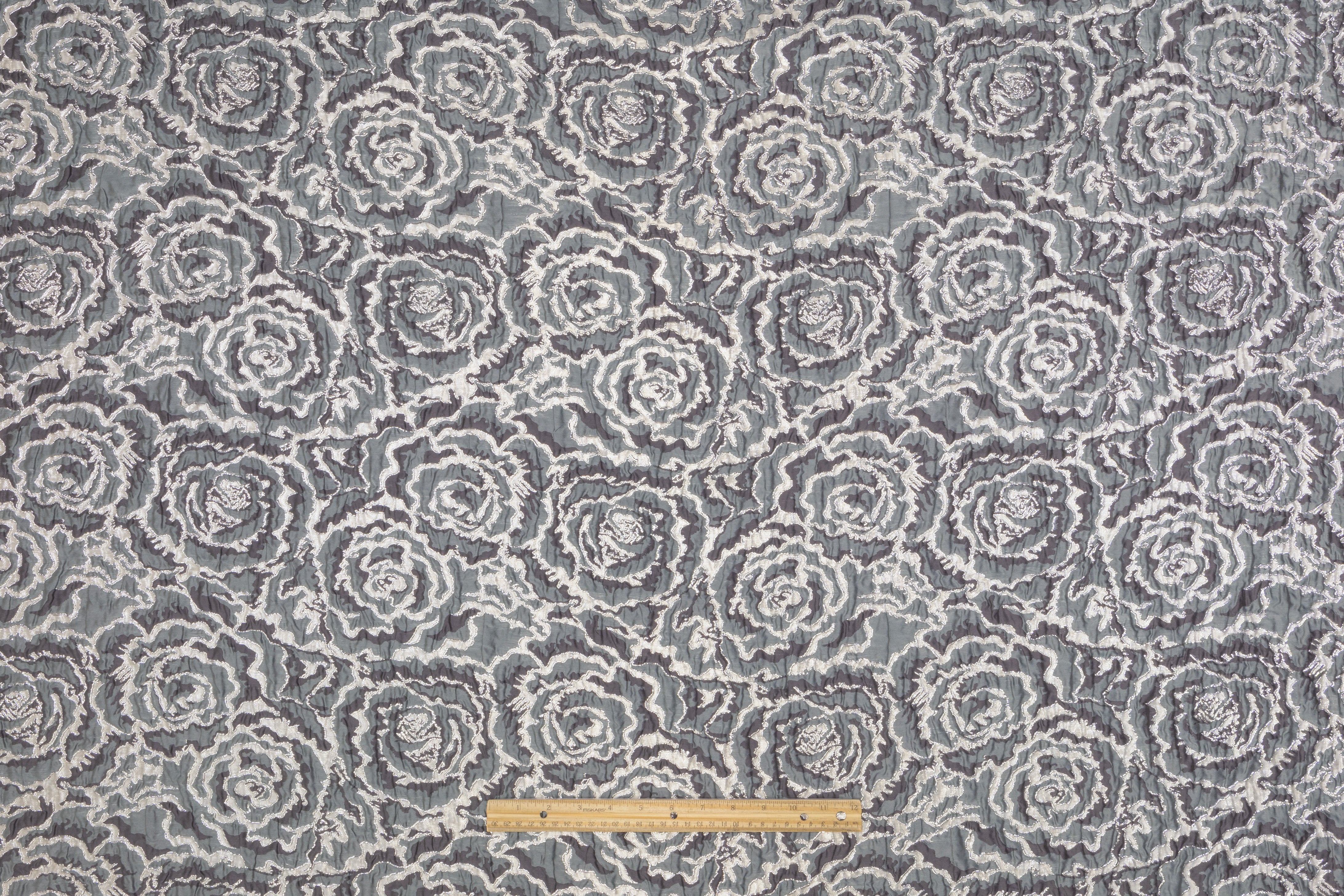 Floral Metallic Crinkled Italian Brocade - Gray / Slate Blue
