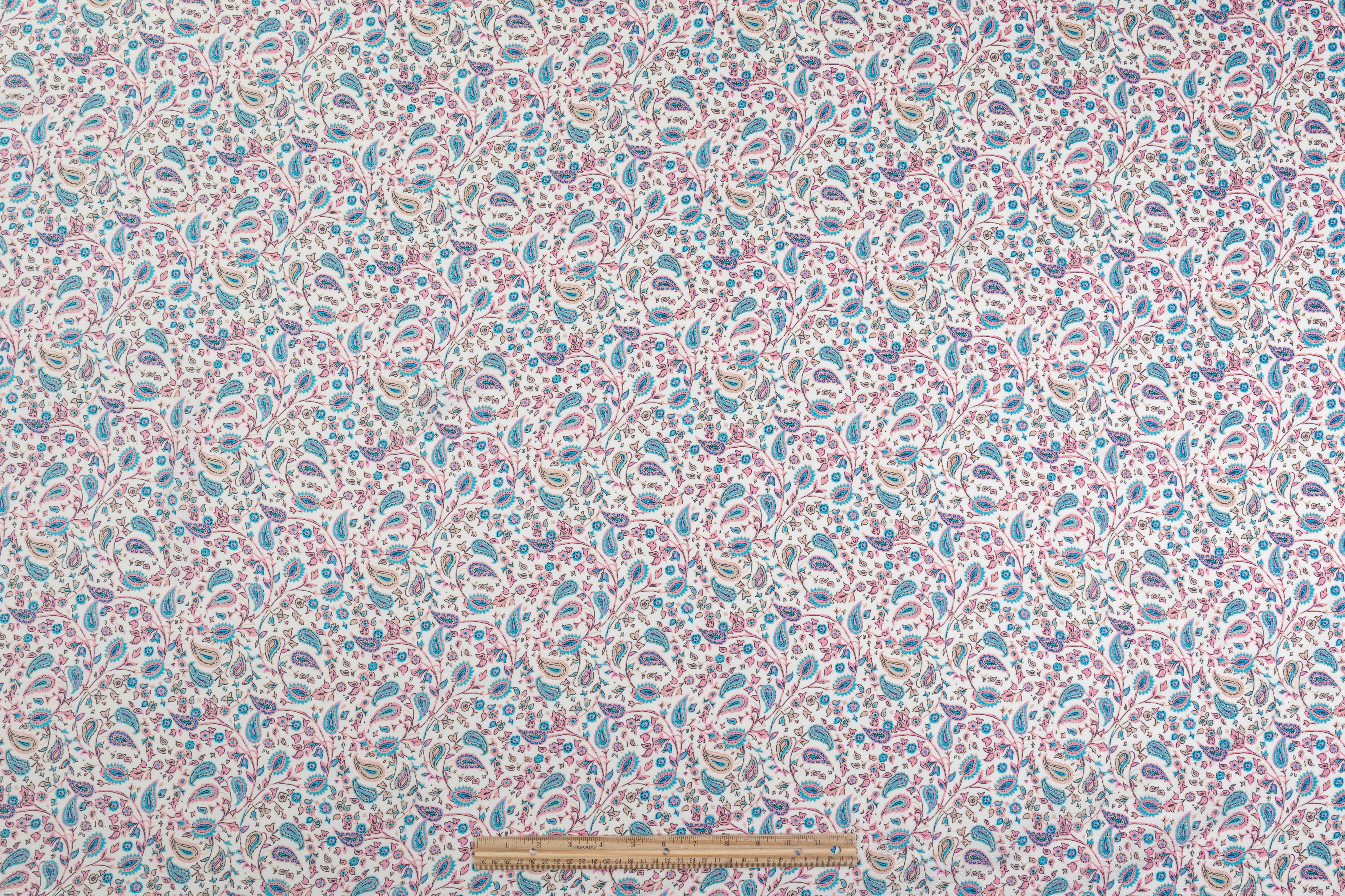 Textured Paisley Italian Viscose Challis - White / Blue / Pink