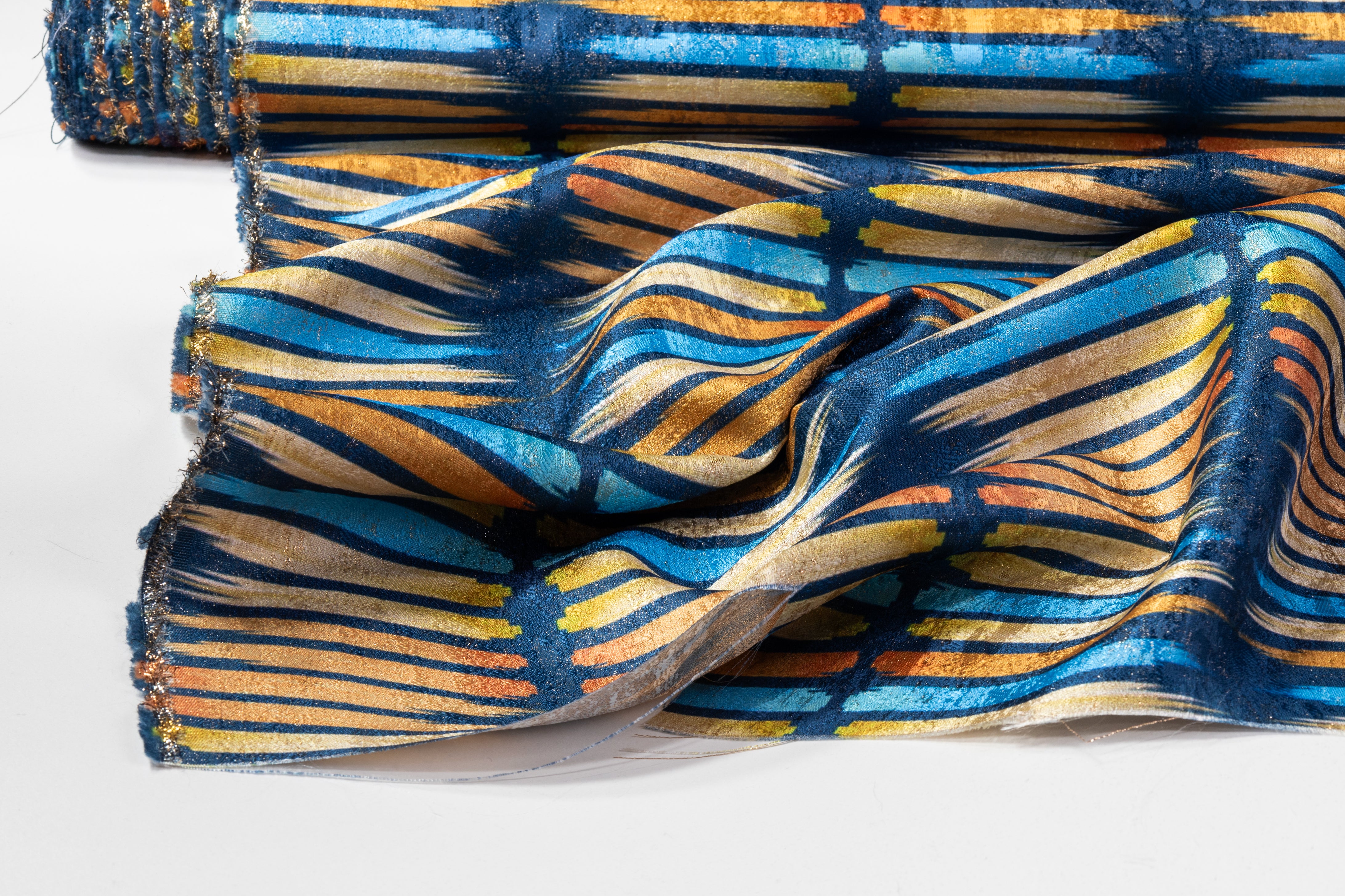 Streak Printed Metallic Brocade - Blue / Orange / Yellow