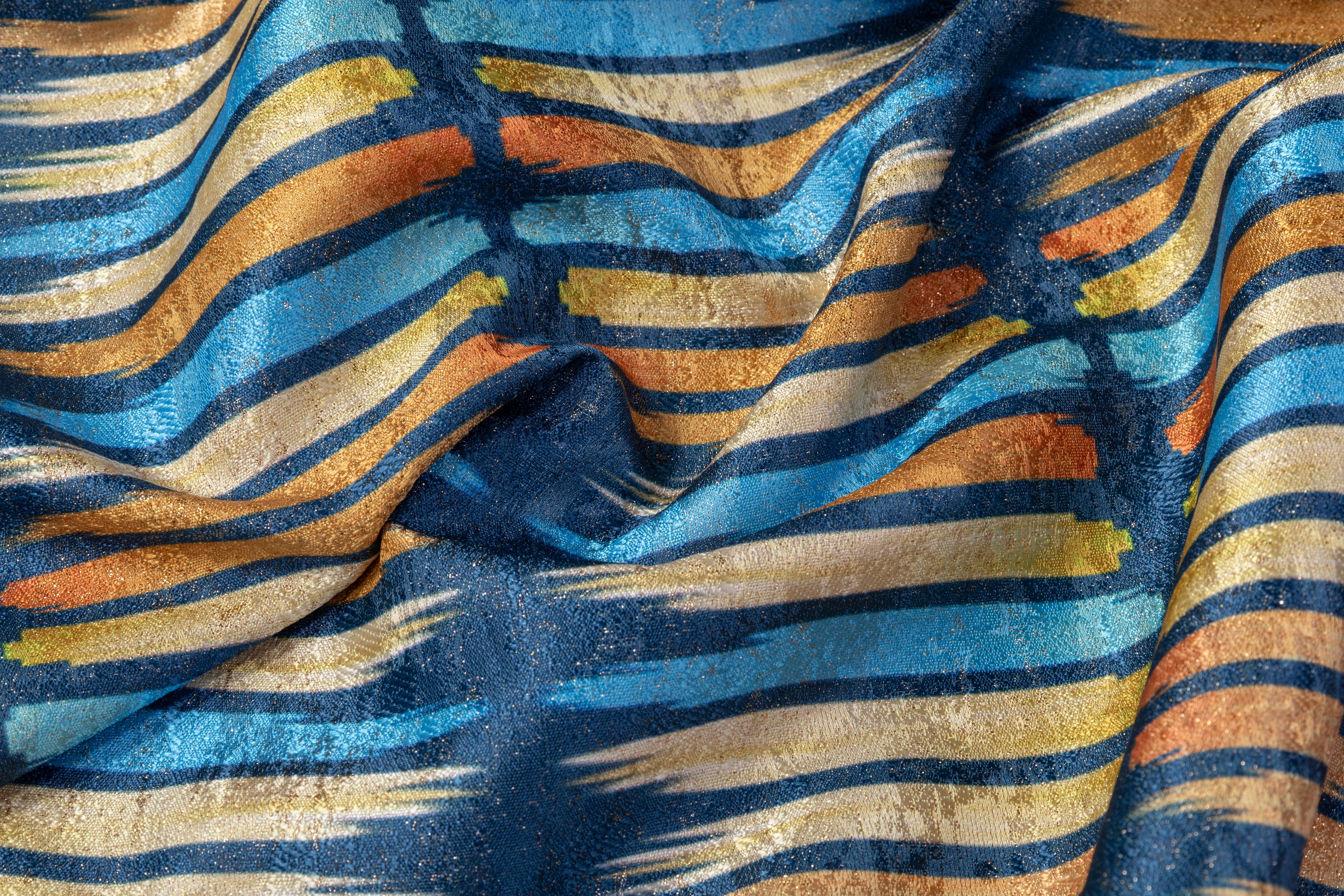 Streak Printed Metallic Brocade - Blue / Orange / Yellow