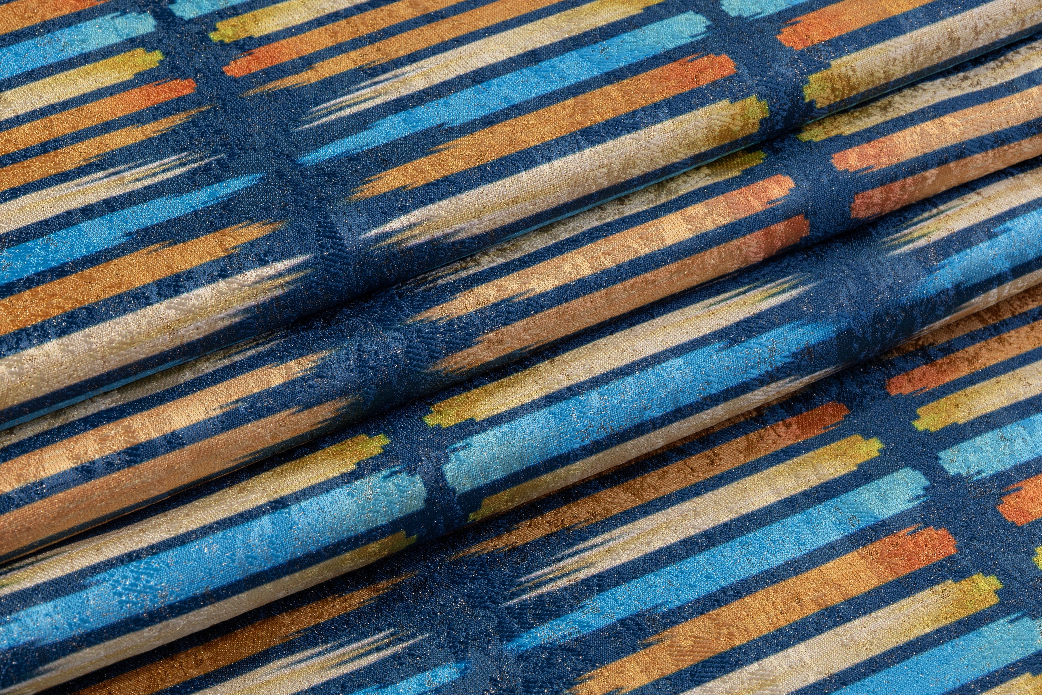 Streak Printed Metallic Brocade - Blue / Orange / Yellow