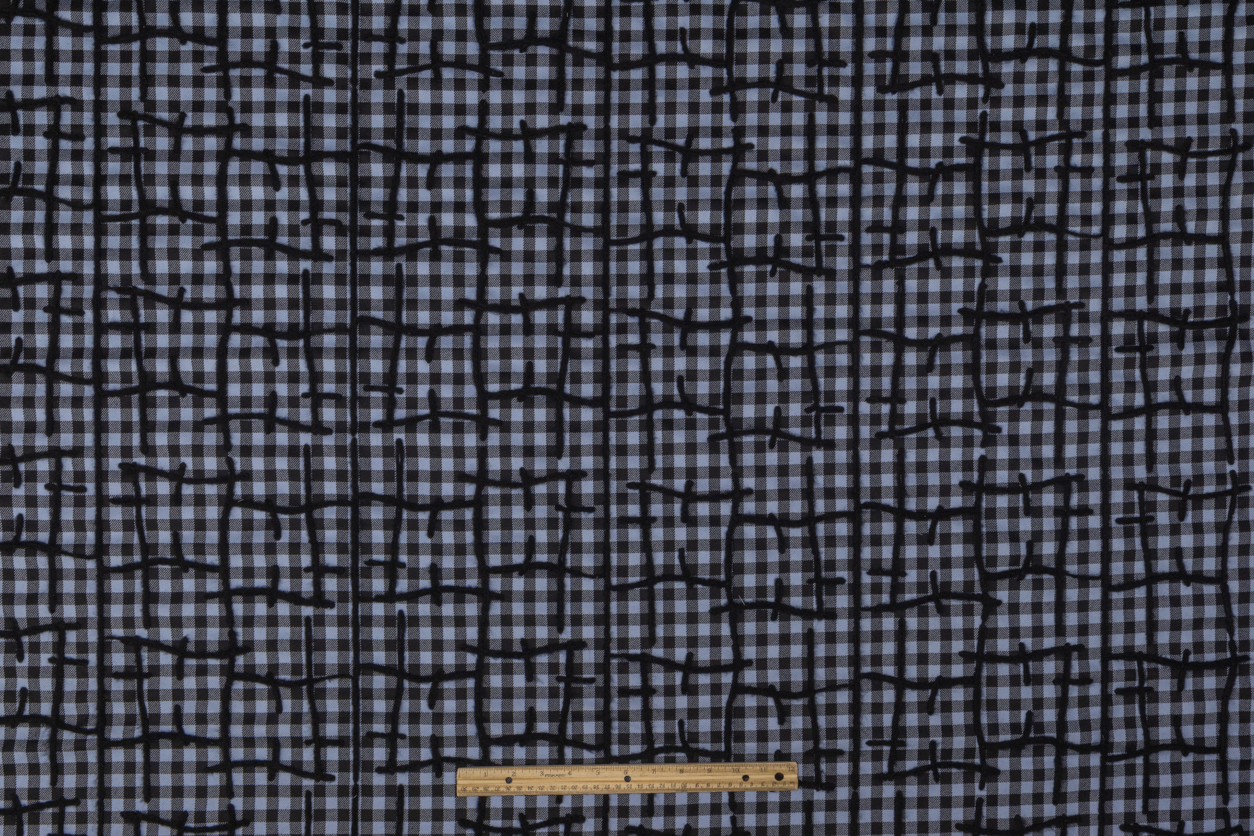 Abstract Embroidered Checked Italian Wool - Black / Blue